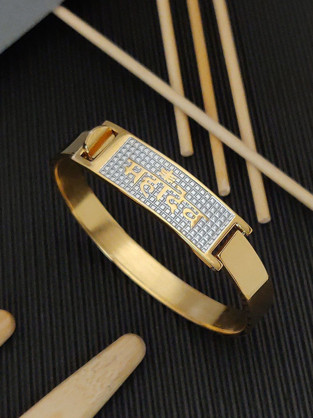 SZN Men Stainless Steel Gold-Plated American Diamond Studded Mahadev Kada Bracelet