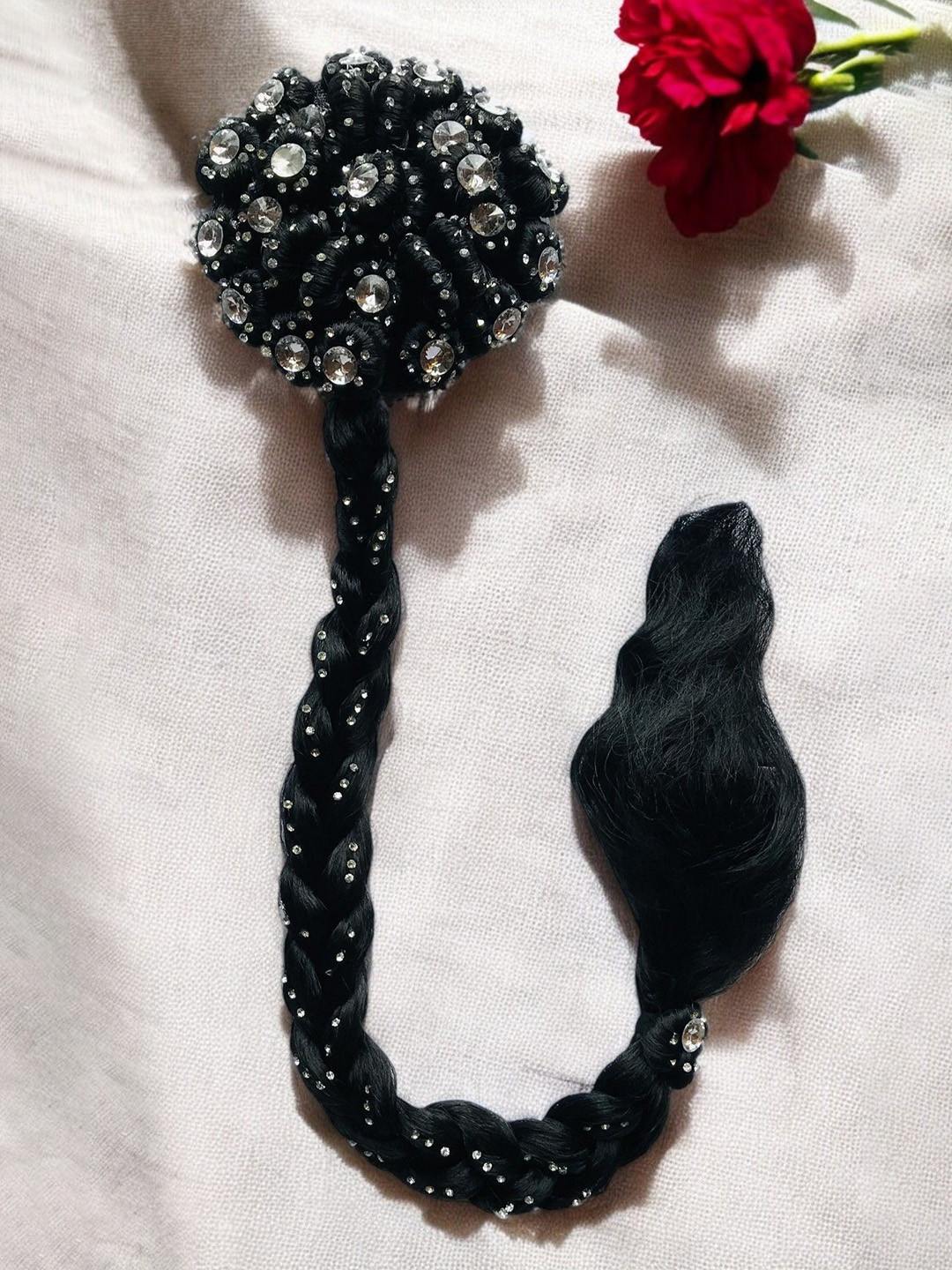 GADINFASHION Clip In Straight Twists Juda Choti With Stone Work Hair Extension - Black