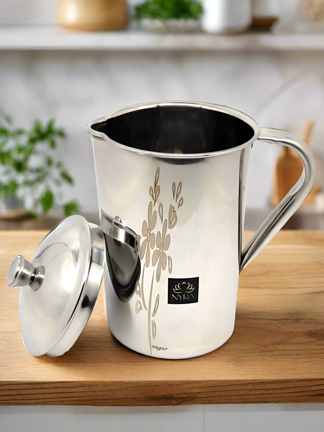 Nyra Kitchenware Stainless Steel Laser Printed Jug with Sturdy Handle and Lid