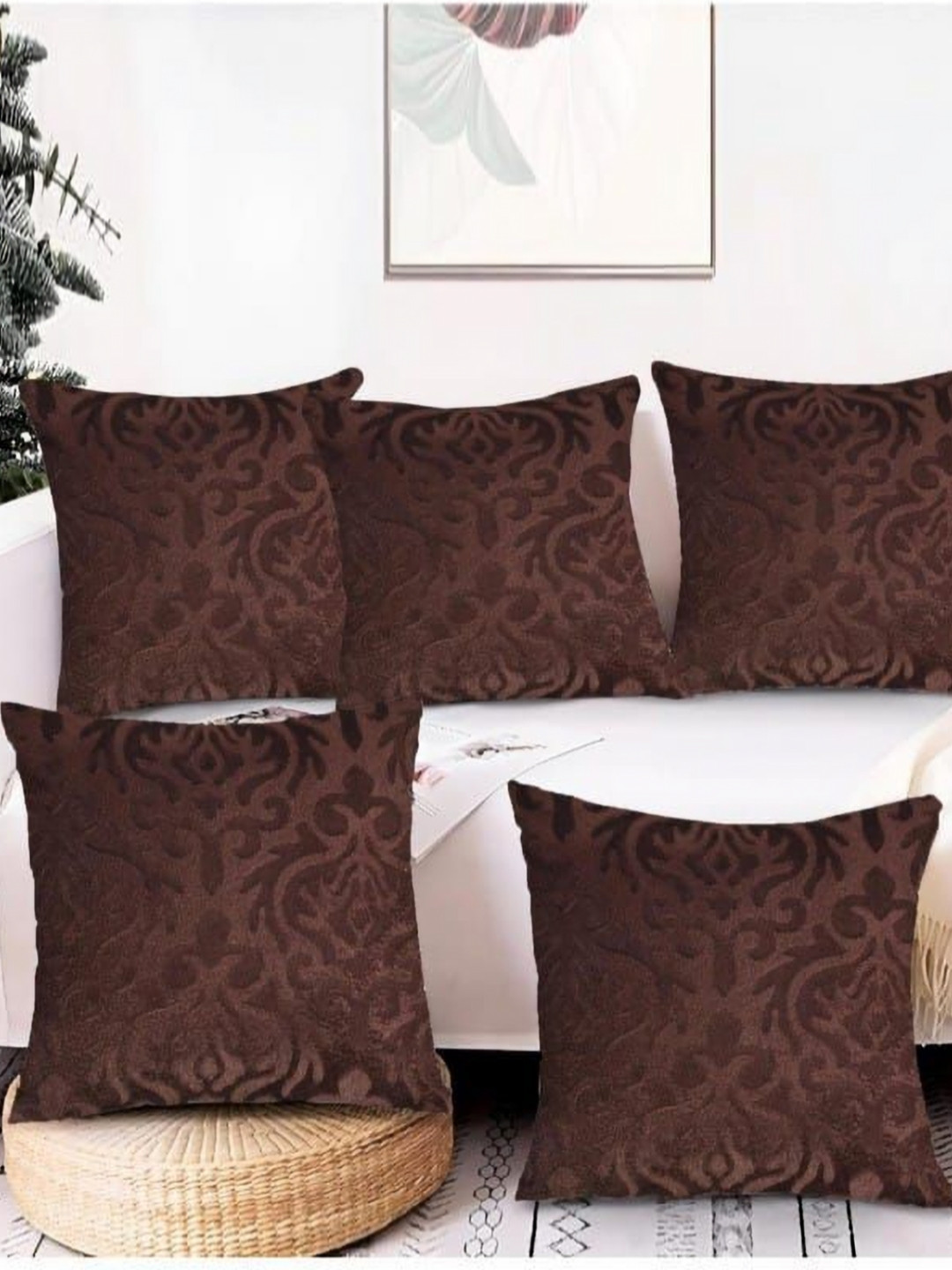 Nutts Brown 5 Piece Textured Cotton Square Cushion Covers