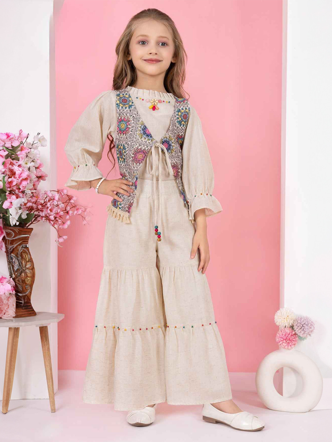 Lagorii Girls Linen Top And Pant Set With Crochet Overcoat
