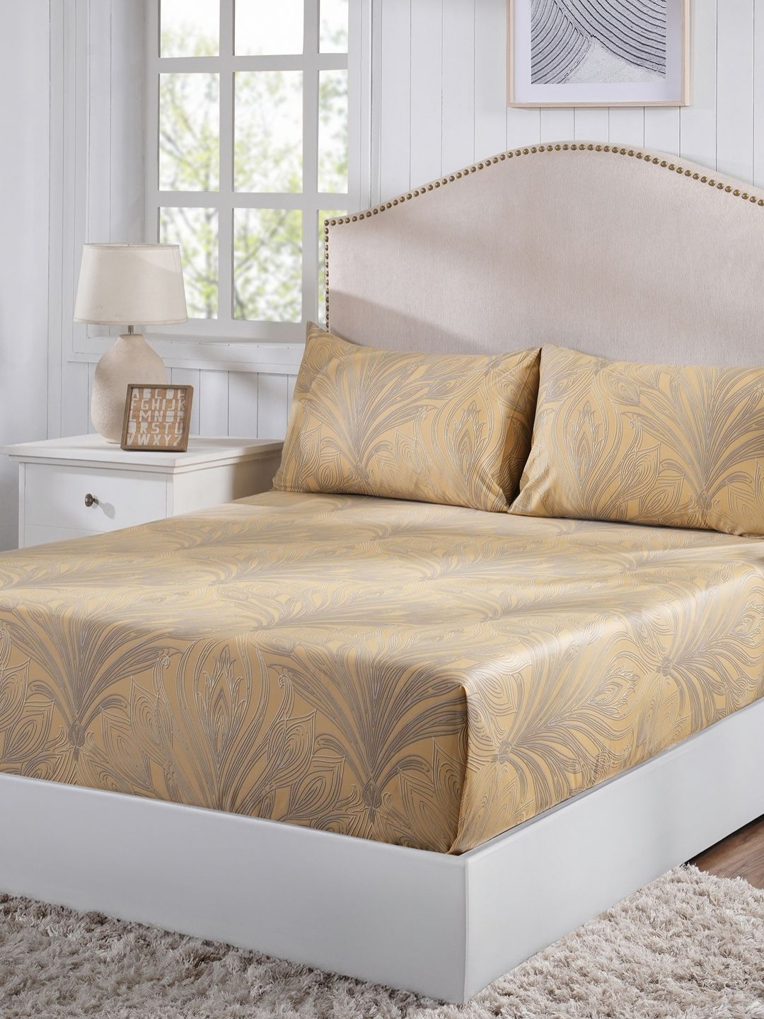 MASPAR Gold Graphic Cotton 400 TC King Superfine Bedsheet with 2 Pillow Covers-108 x 108 inches