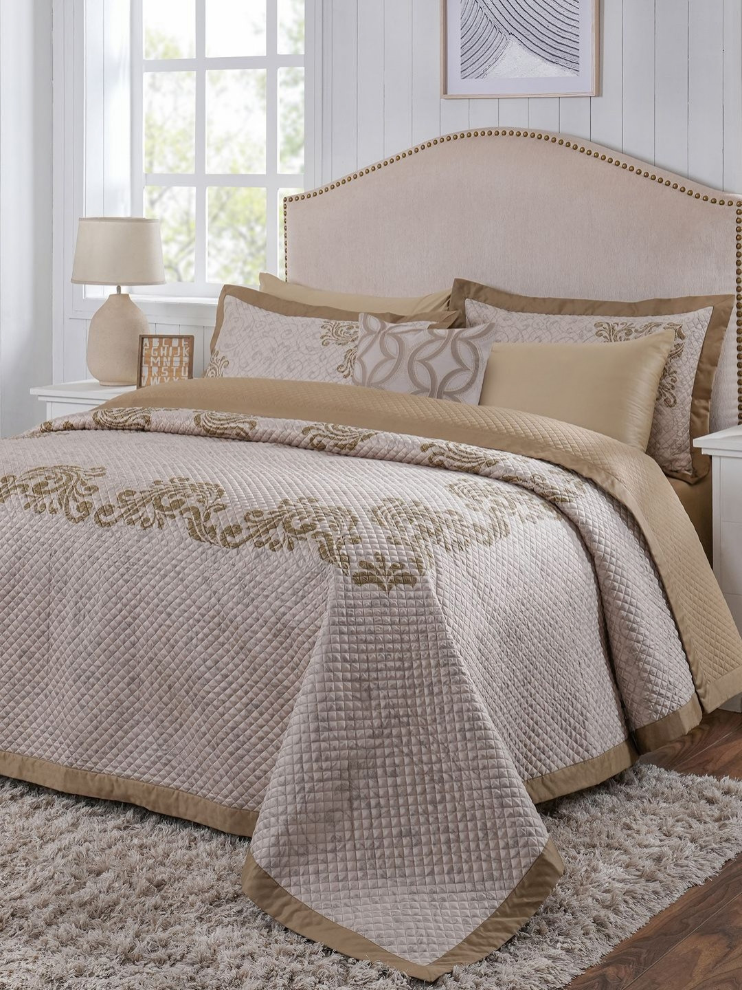 MASPAR Gold-Toned 8 Pieces Ethnic Motifs Printed Cotton Double Queen Regular Bedding Set