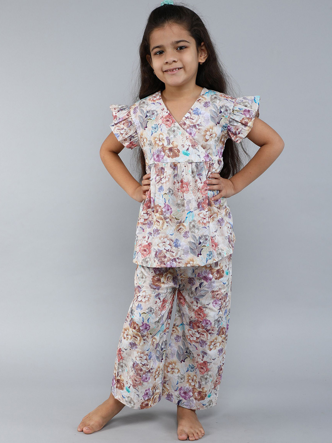 Little Clothings Girls Cotton Shirt with V neck and Sleeve Printed Pajama Set Night suit