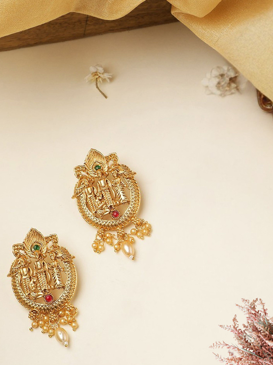 ORANGENYSHA Gold-Plated Stones Studded &  Beaded Classic Ram Darbbar Temple Drop Earrings