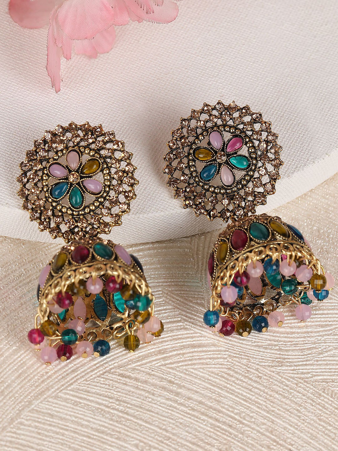 Thrillz Silver-Plated Artificial Stones Studded Dome Shaped Jhumkas