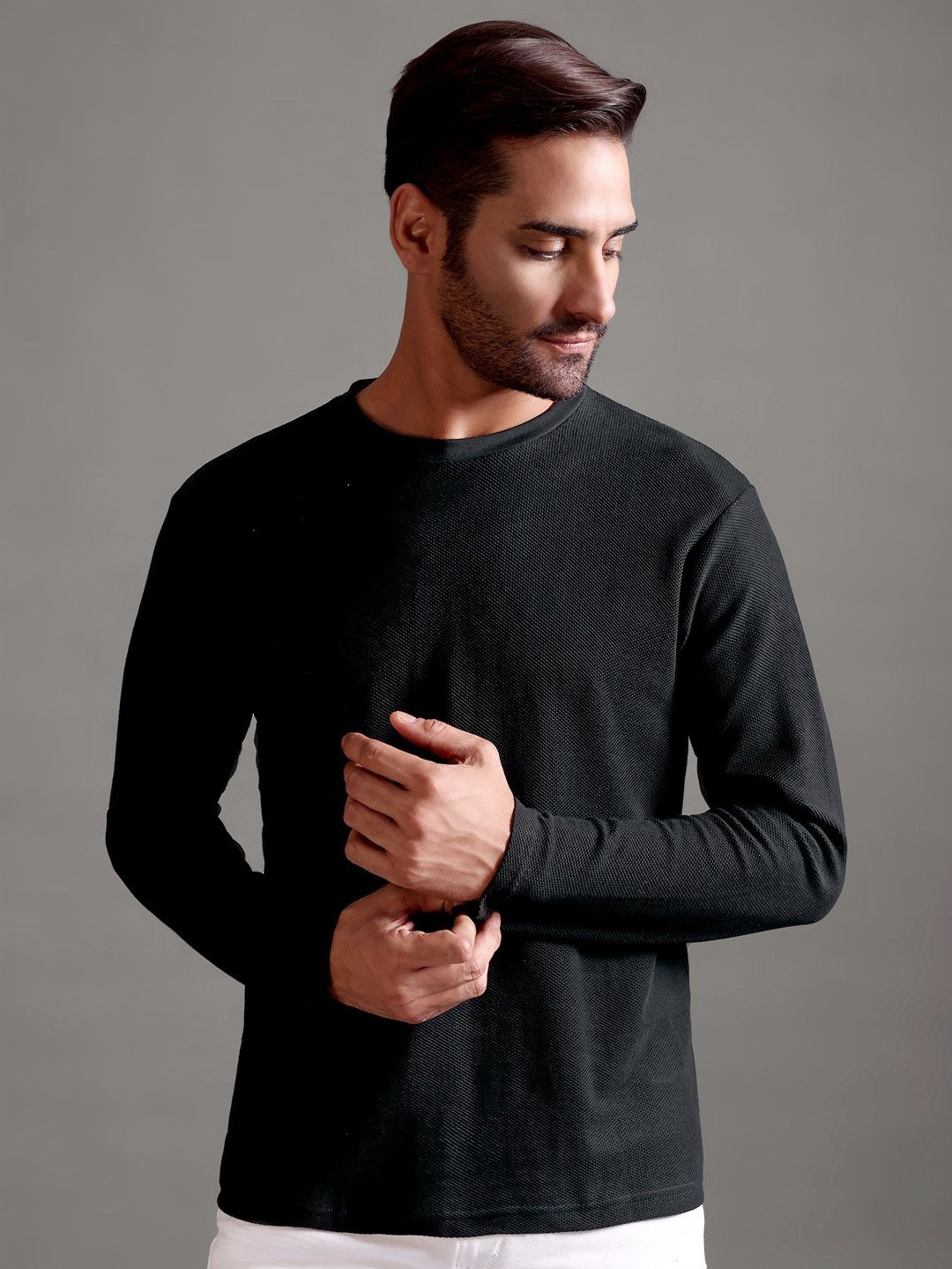 String Scape Men Honeycomb Waffle Textured Crew Neck Full SleeveCombed Cotton T-Shirt