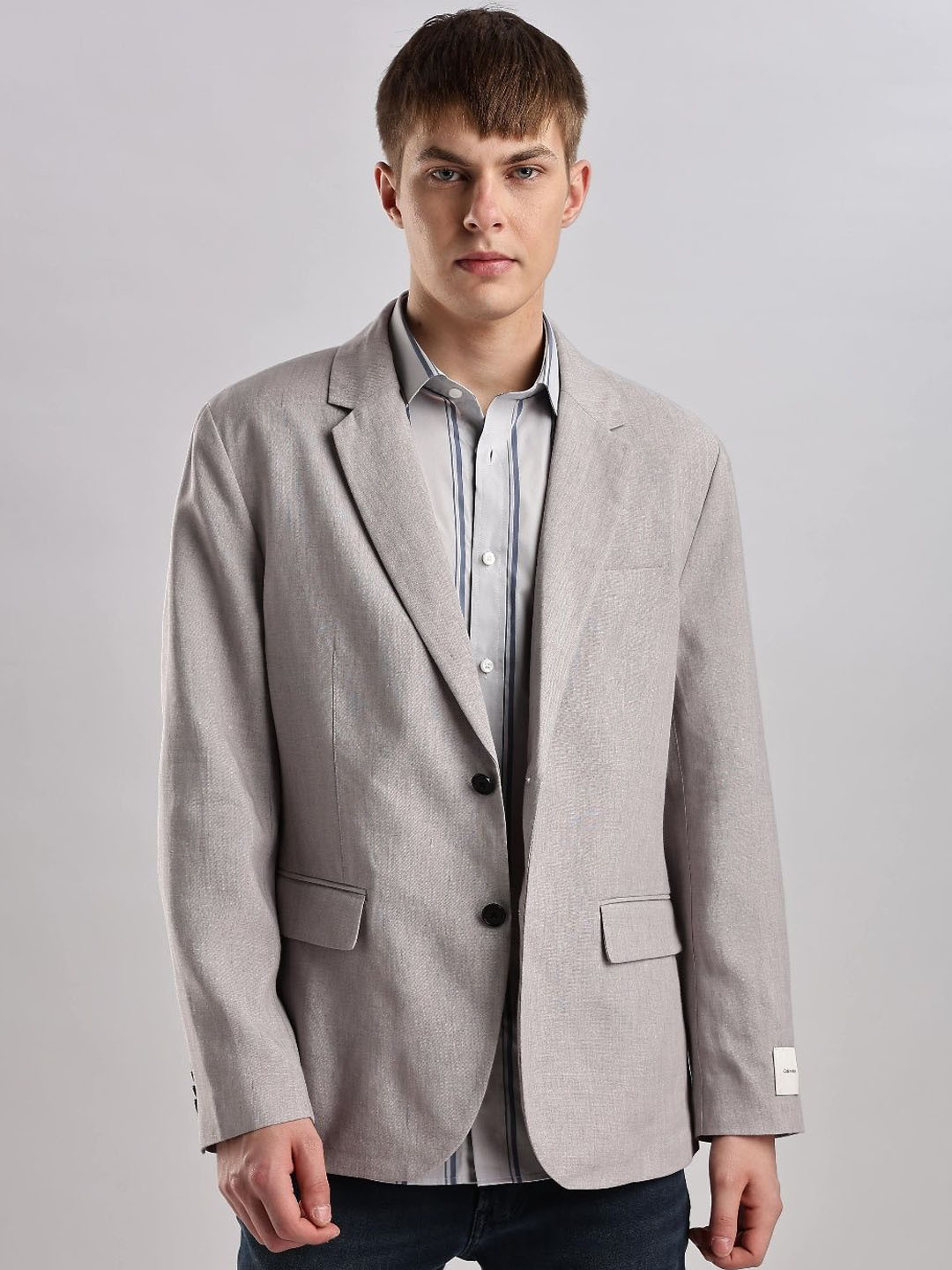 Calvin Klein Jeans Textured Notched Lapel Single Breasted Linen Blazer