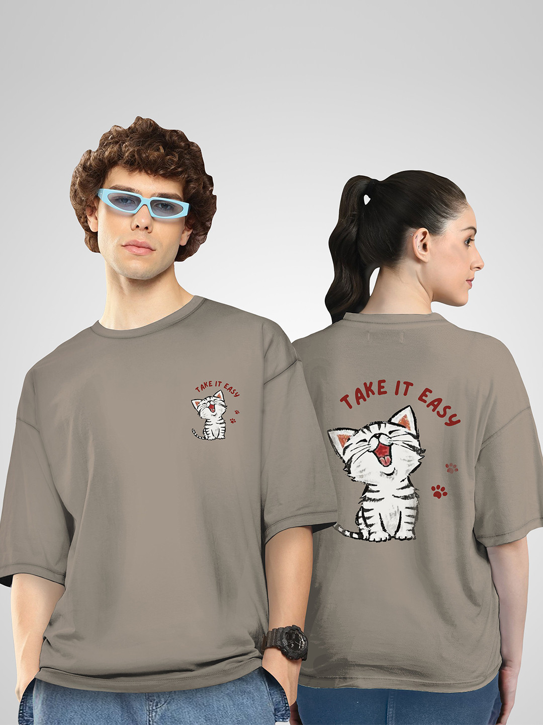 BAESD Unisex Twistform Twinny Zone Pack Of 2 EasyCat Printed Cotton Oversized T-shirts