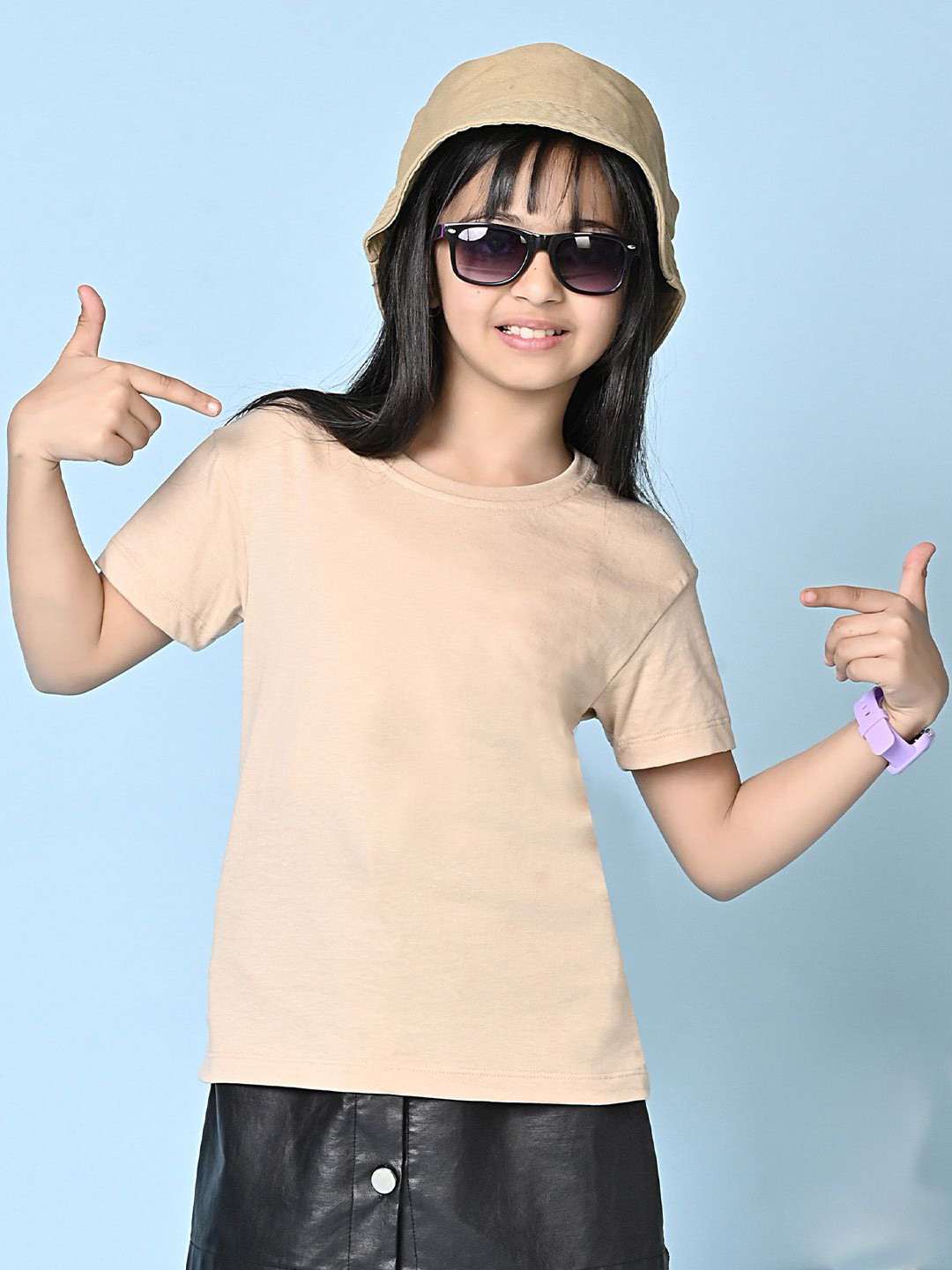 NUSYL Girls Solid Drop Shoulder Half Sleeve Regular Fit Tee