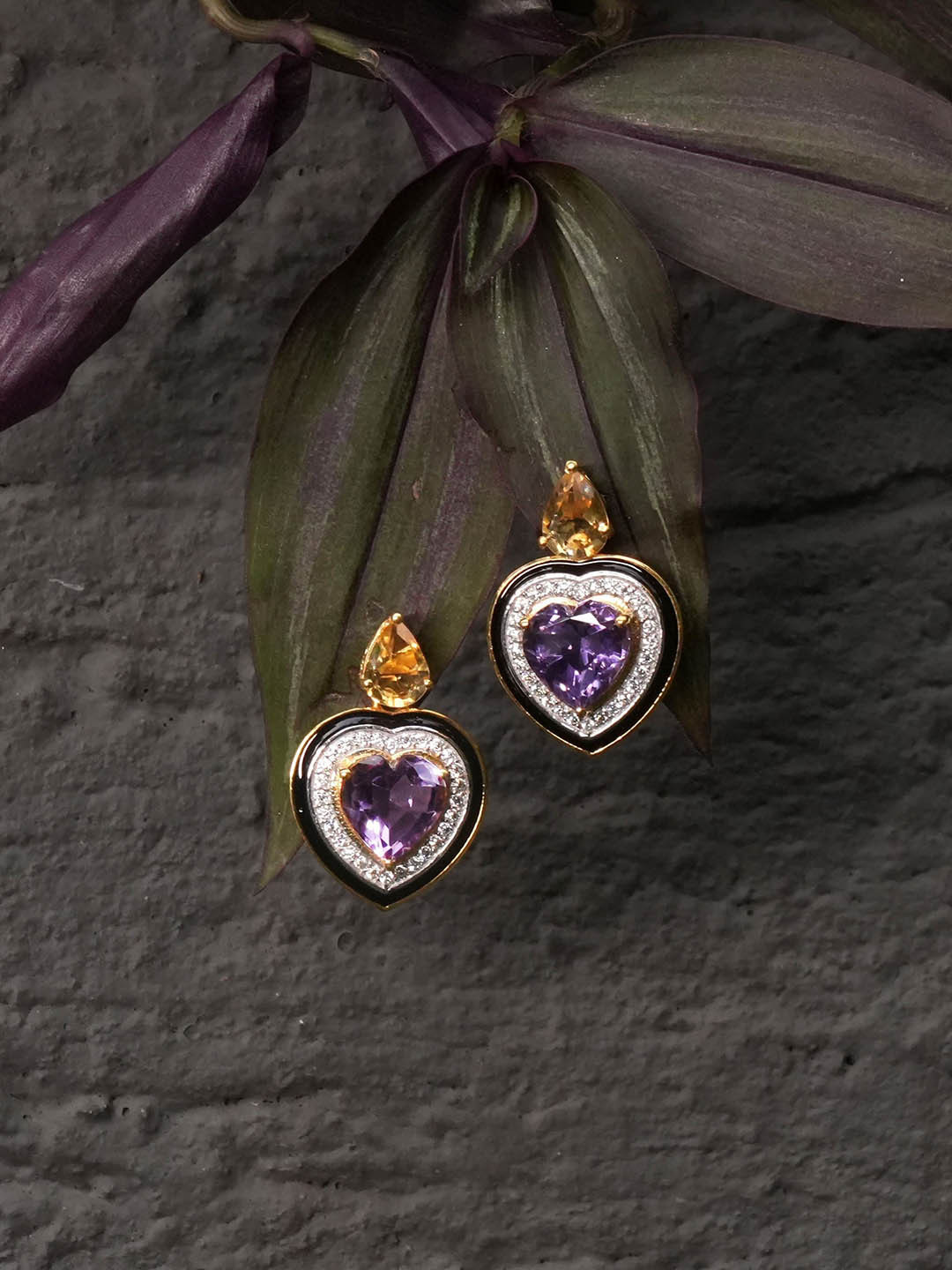 Ruuh Studios Rhodium-Plated Amethyst Heart Shaped Earrings
