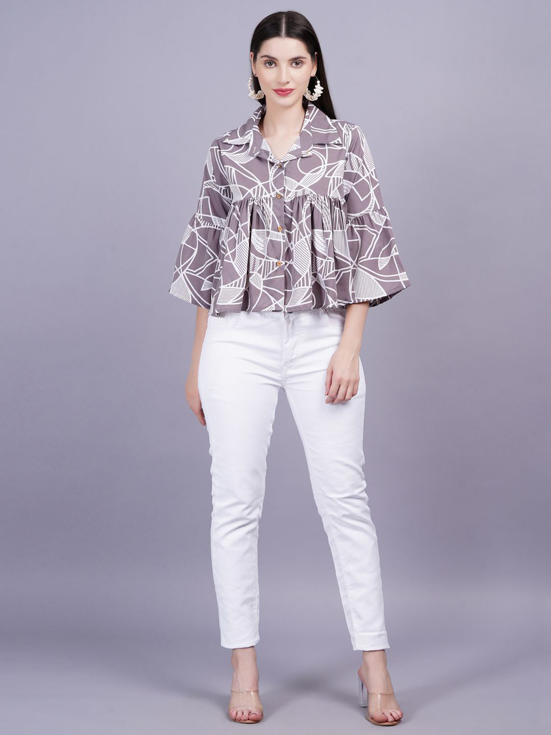 OH MI DIOS Print Bell Sleeve Shirt Style Top