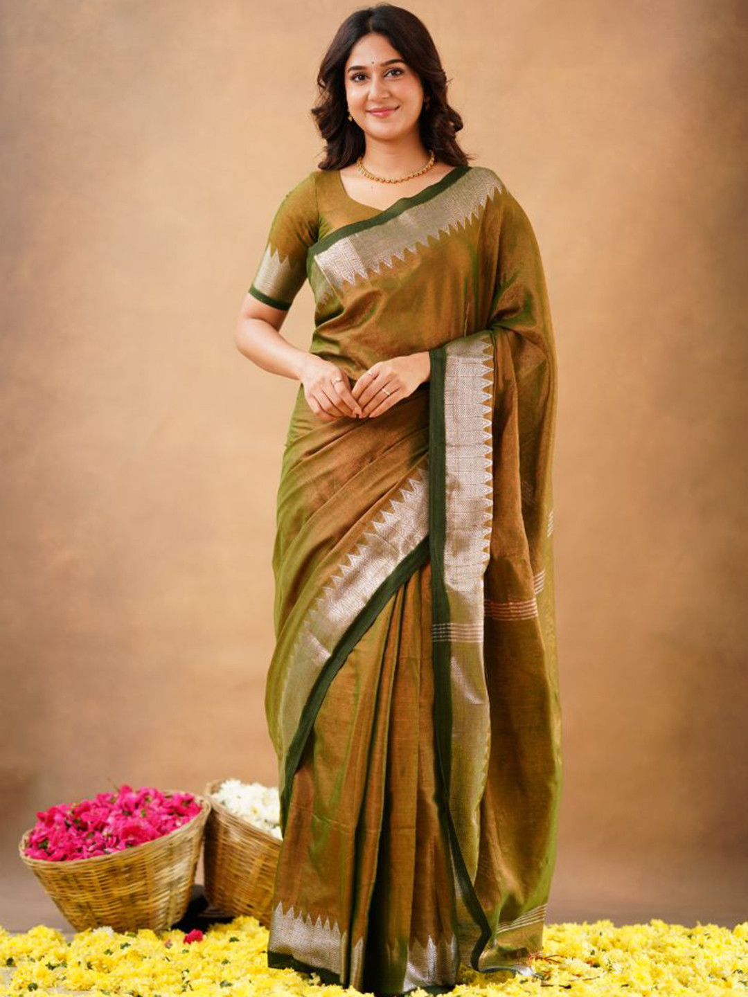 Sutisancha D Green Tissue Elegance & Designer Triangle Drape Saree