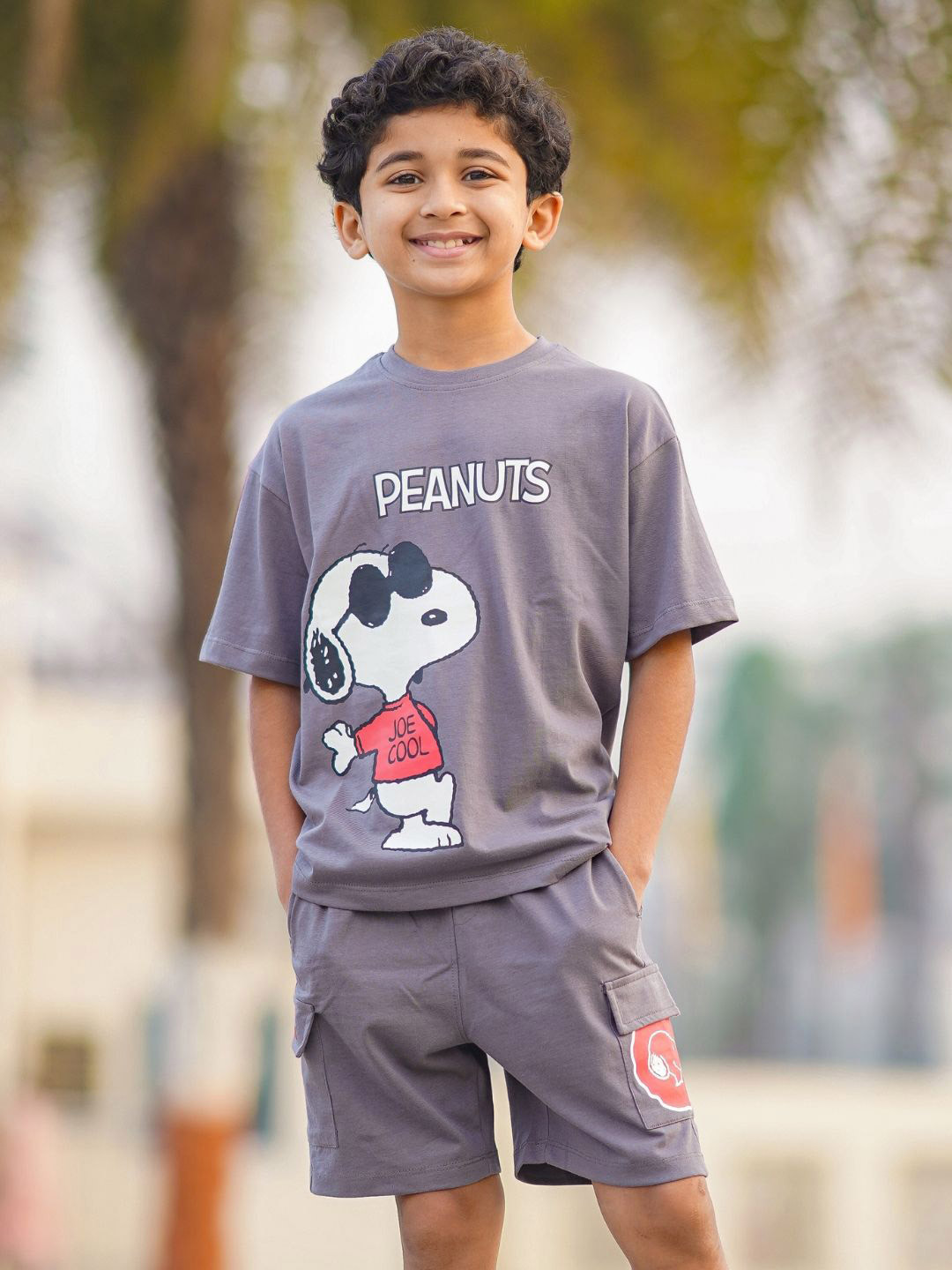 Nap Chief Kids Unisex Peanuts Snoopy Joe Cool Printed Pure Cotton T-Shirt & Cargo Shorts