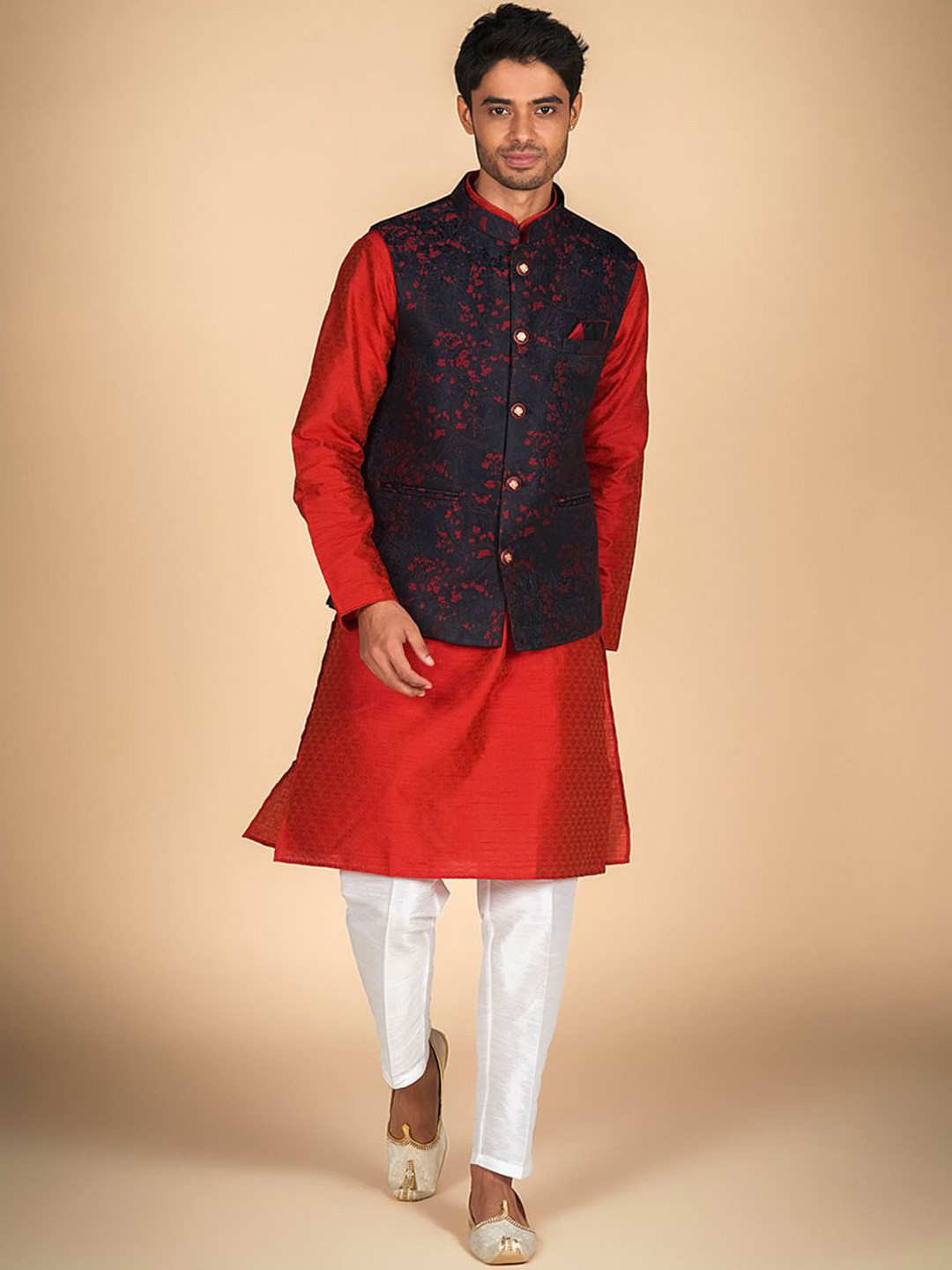 Dulha Ghar Woven Design Mandarin Collar Straight  Pure Silk Kurta & Trousers With Jacket