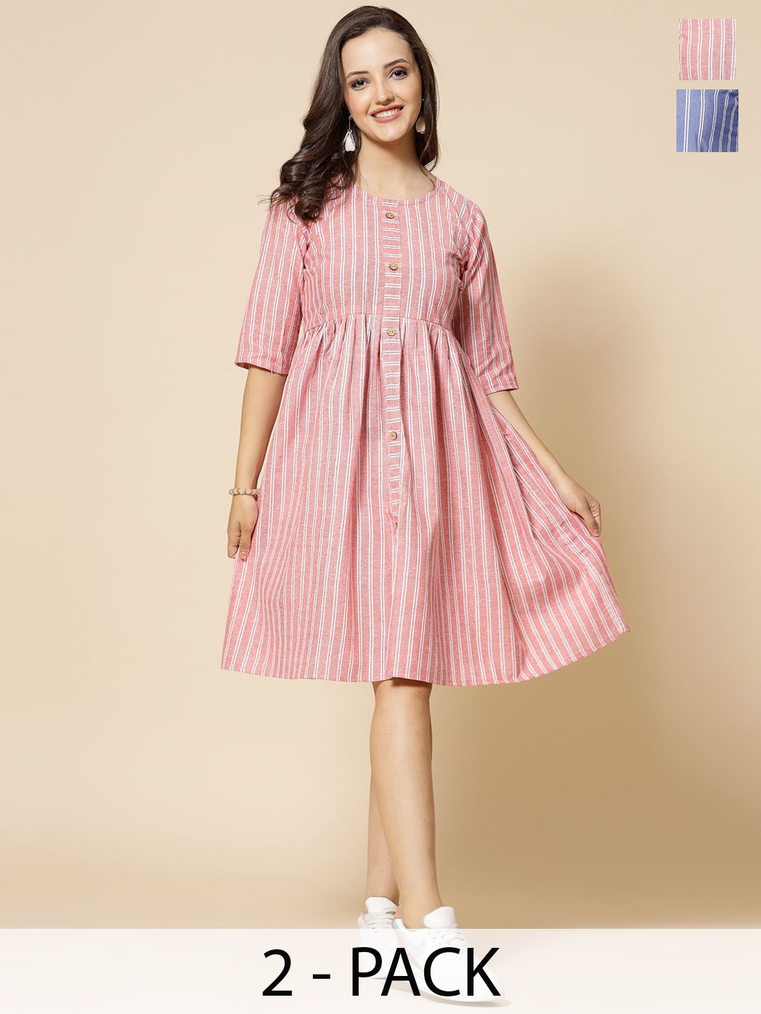 Moda Rapido Selection Of 2 Striped Round Neck A-Line Ethnic Dresses