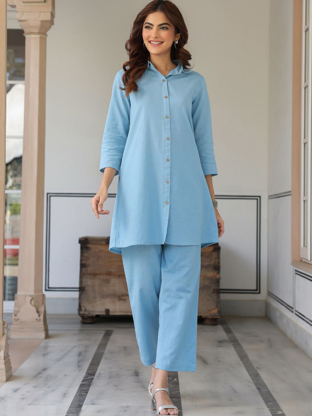 Janasya Women's Light Blue Linen Cotton Solid A-line Co-ord Set