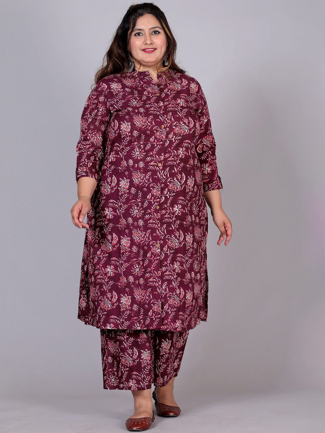Gs Fashions Plus Size Printed Mandarin Collar Pure Cotton Tunic With Palazzo