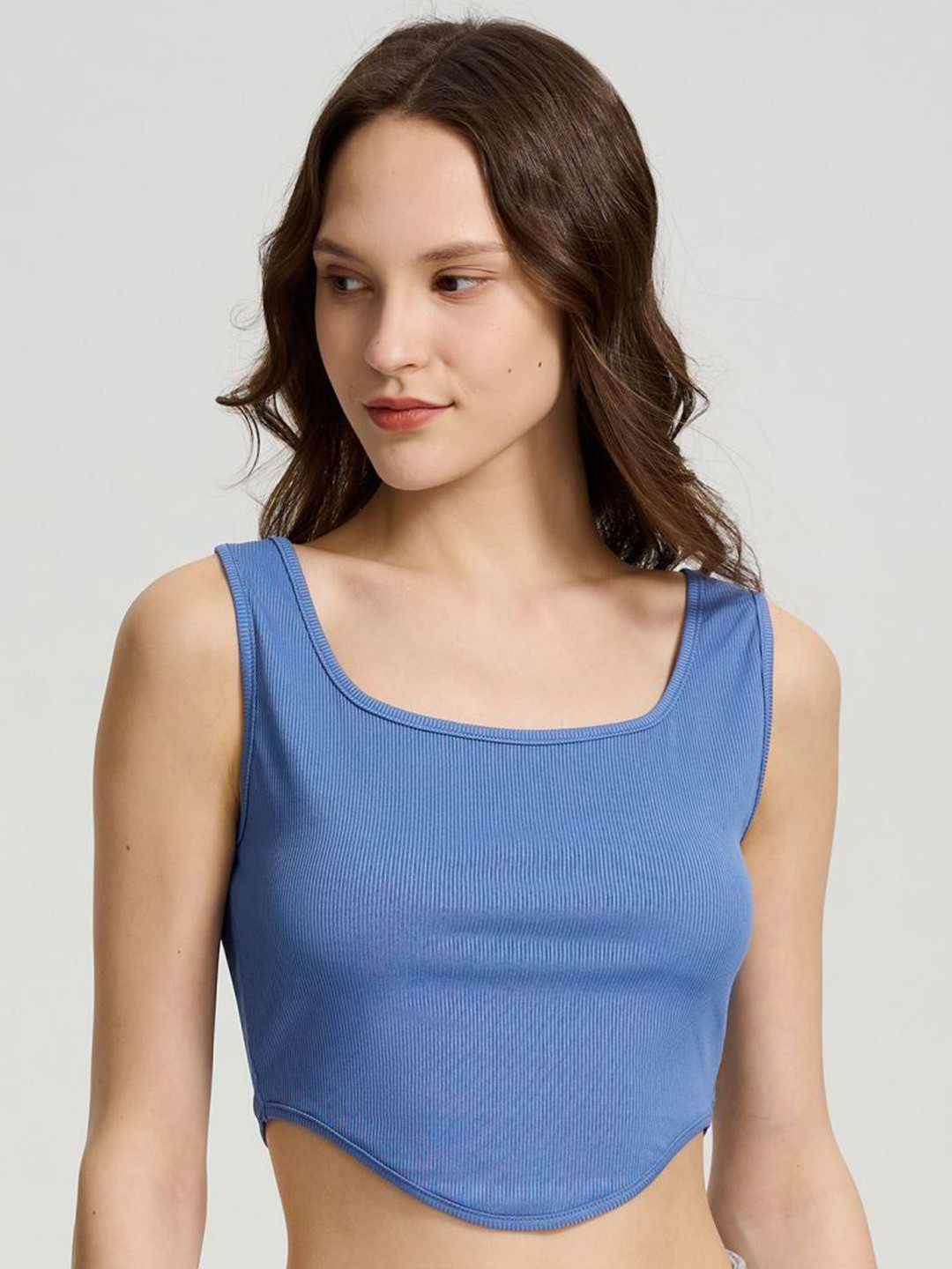 Outzidr Blue Curved Hem Cropped Top