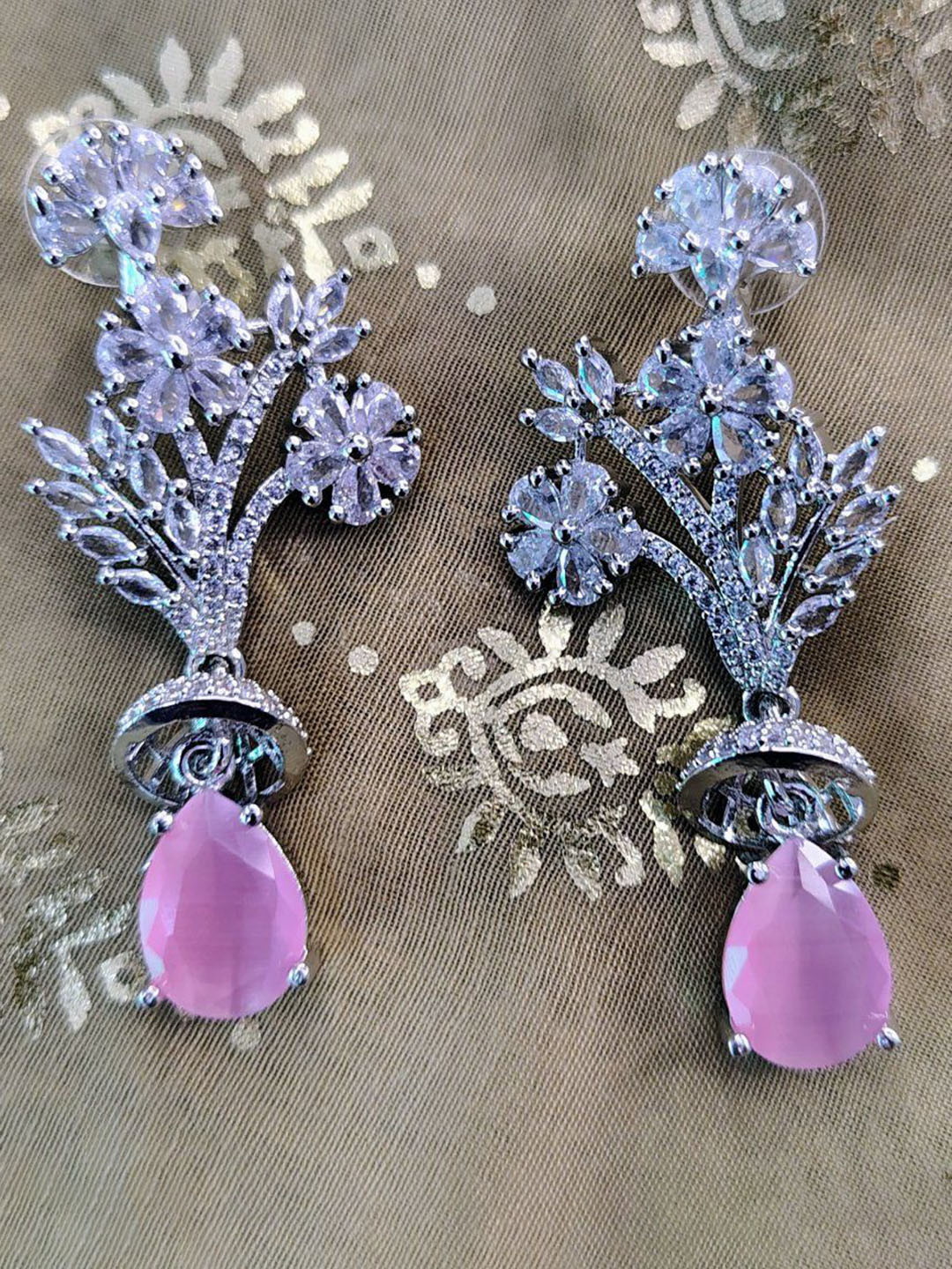 Primepick American Diamond Studded Floral Drop Earrings