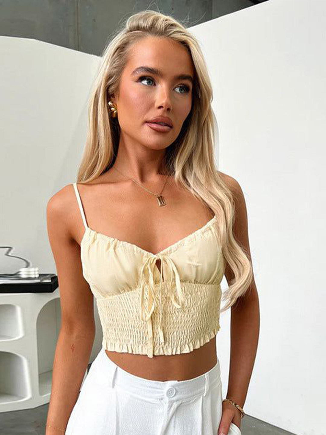 Outzidr Yellow Smocked Strappy Top