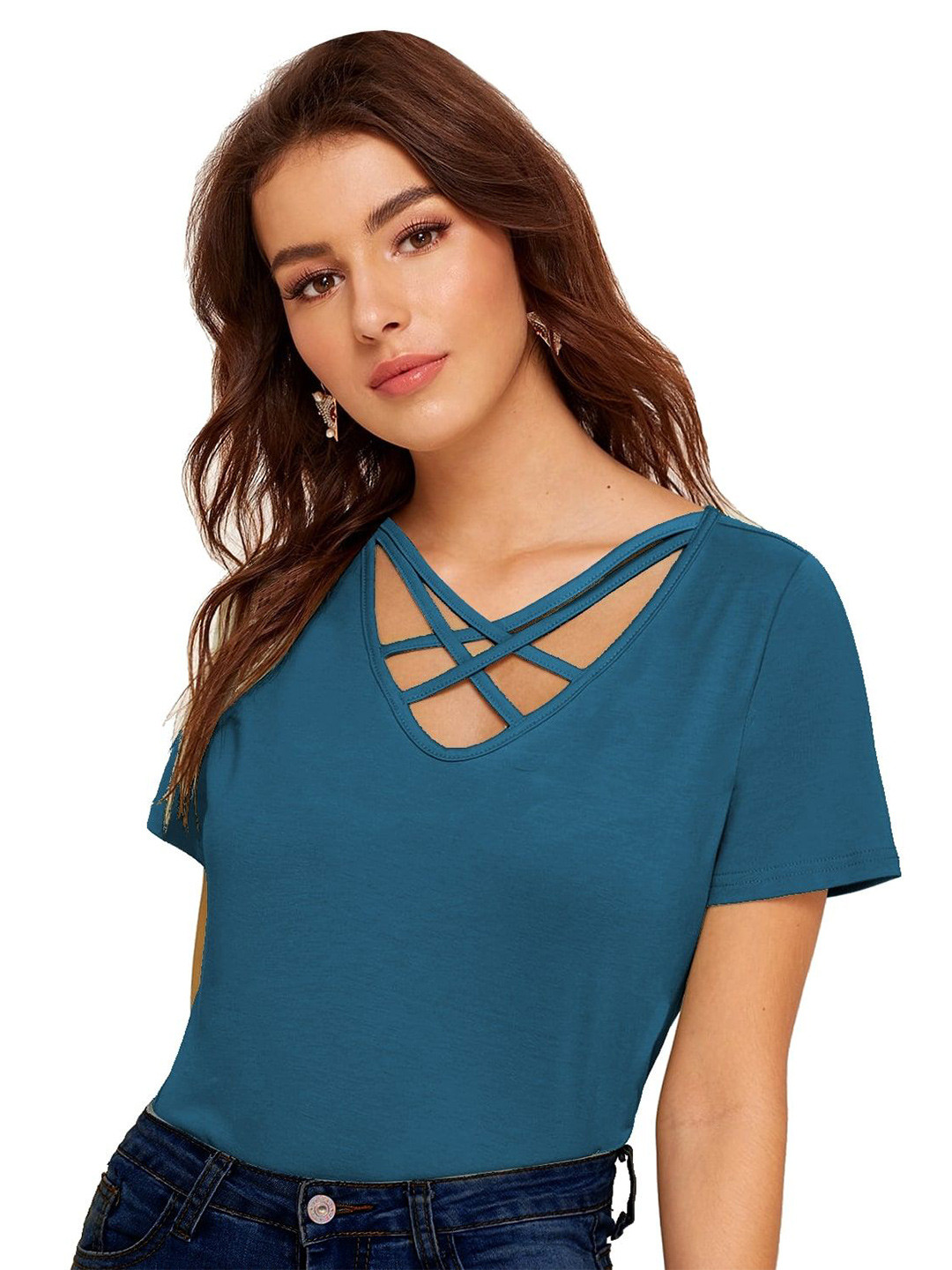 FABRICORN Women  Short Sleve Cross Neck fCotton Top