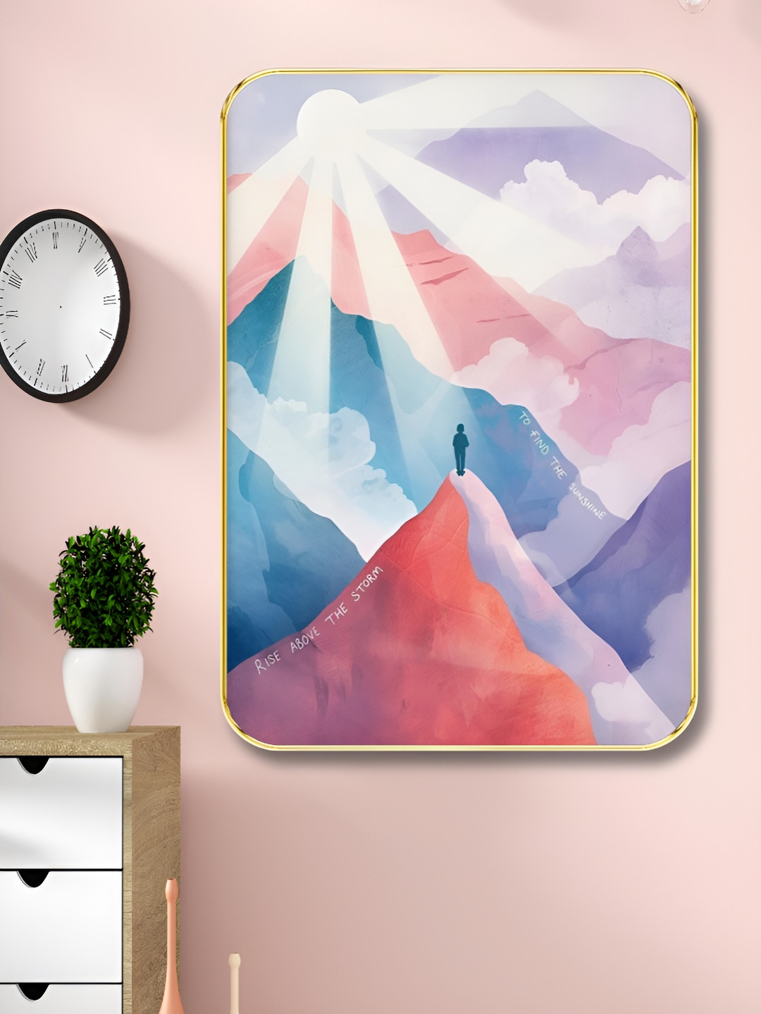 SAF Blue & White Sun & Mountain Printed Wood Wall Art