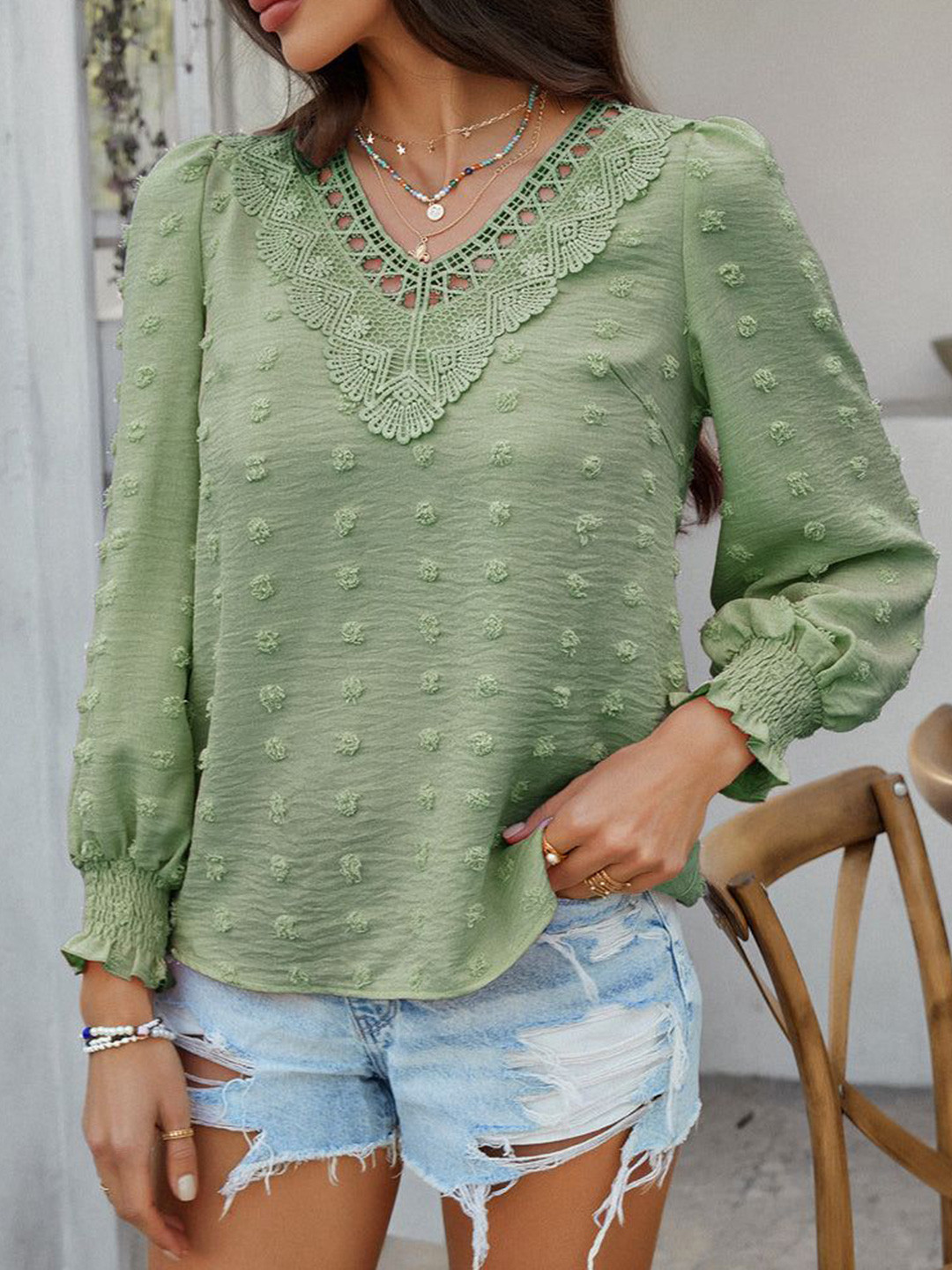 Outzidr Women Lace Patch Blouson Top
