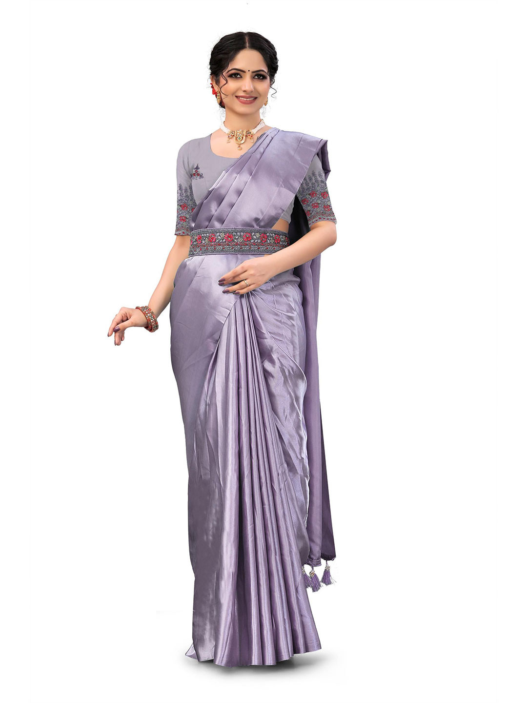 Kandora Satin Belted Saree With Unstiched Embroidered Blouse Piece