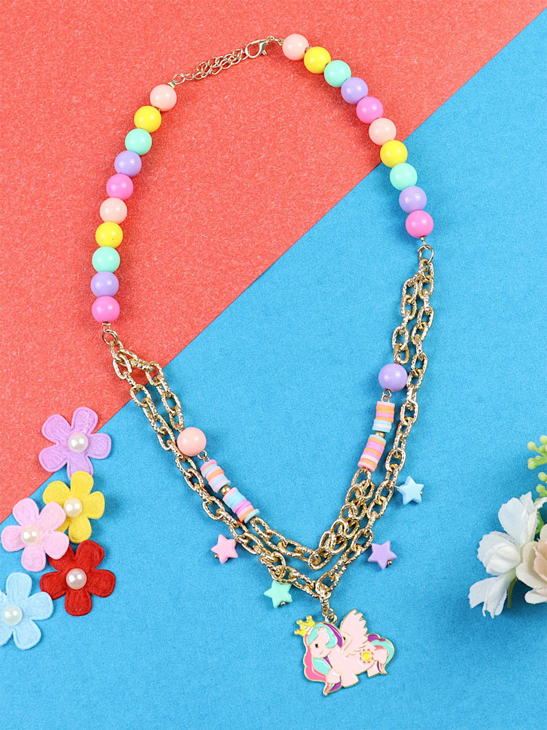 Asthetika Kids Girls Unicorn Charm Beaded Layered Minimal Chain Necklace