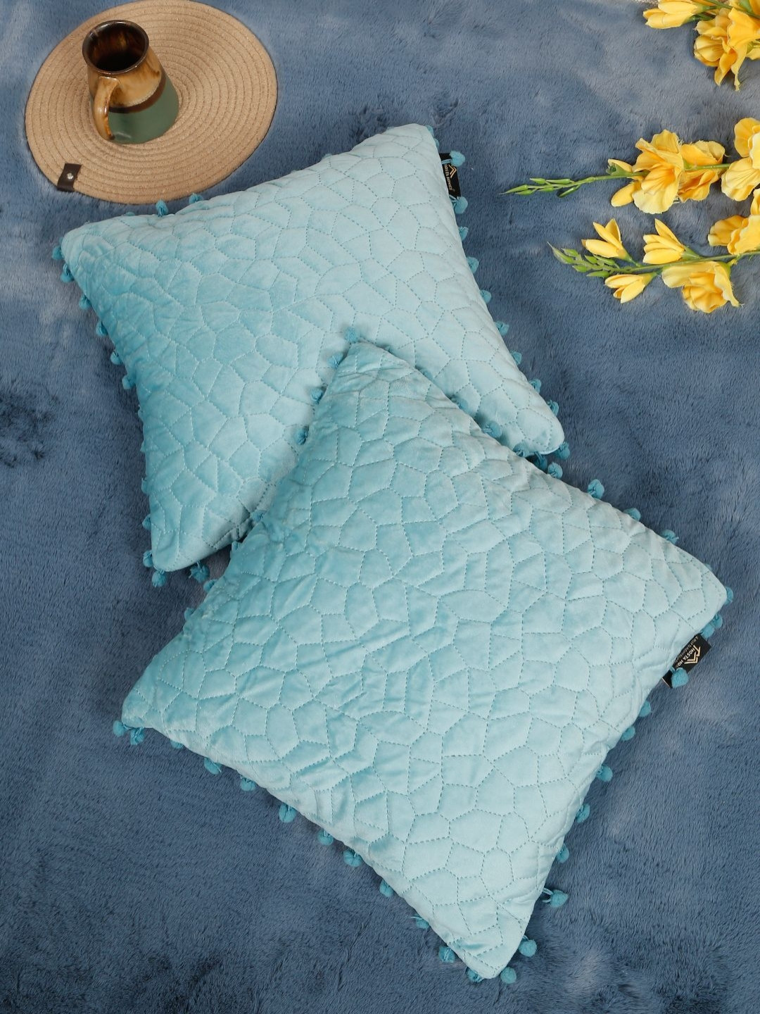 HOSTA HOMES QUILTED Blue Geometric Velvet Washable 2 Piece Square Cushion Covers -16x16In