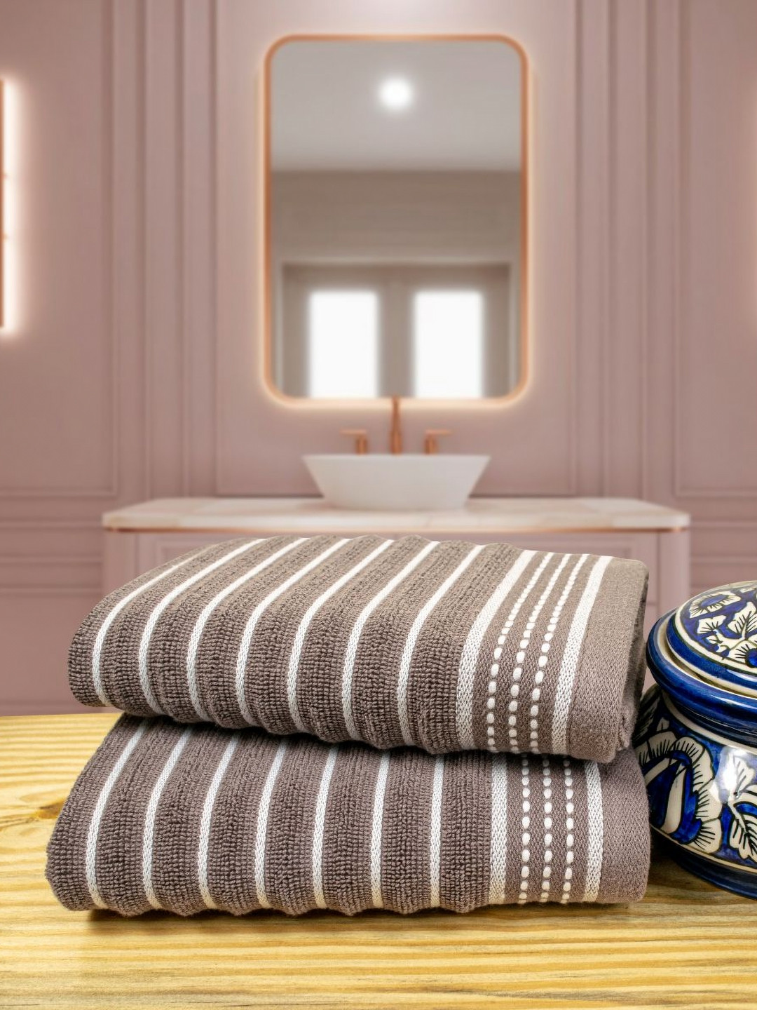 Myntra Elegant Homes 2-Pcs Brown & White Striped Pure Cotton 515 GSM Hand Towels