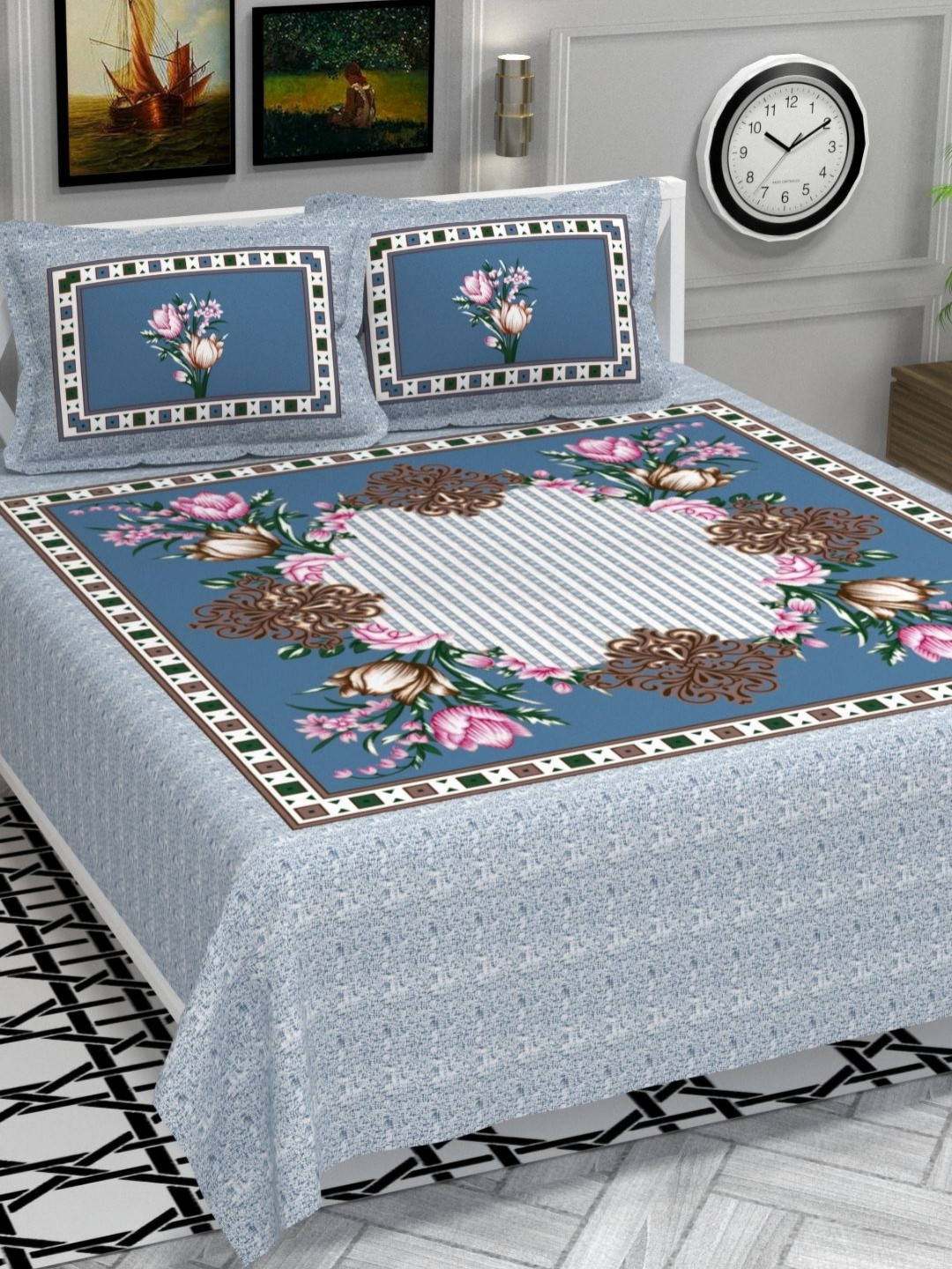 VAS COLLECTIONS Block Printed Blue Floral Cotton 220 TC Double Bedsheet Set-2.54x2.28m