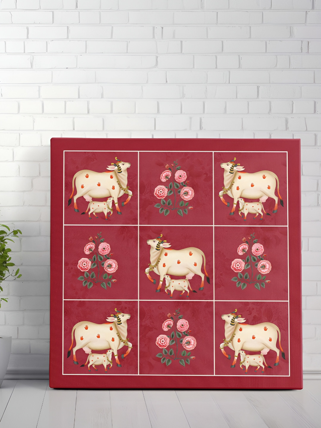 SAF Burgundy & Beige Pichwai Cow Wood Wall Art