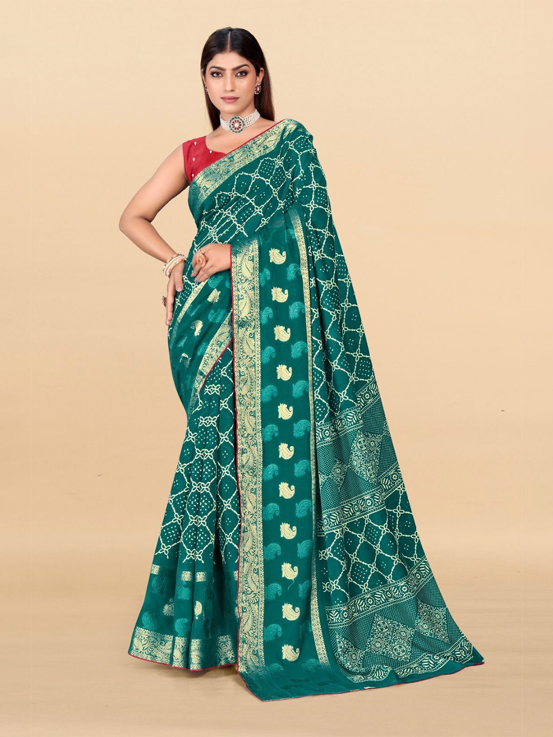 SHIVRUH Printed Cotton Blend Bandhani Saree