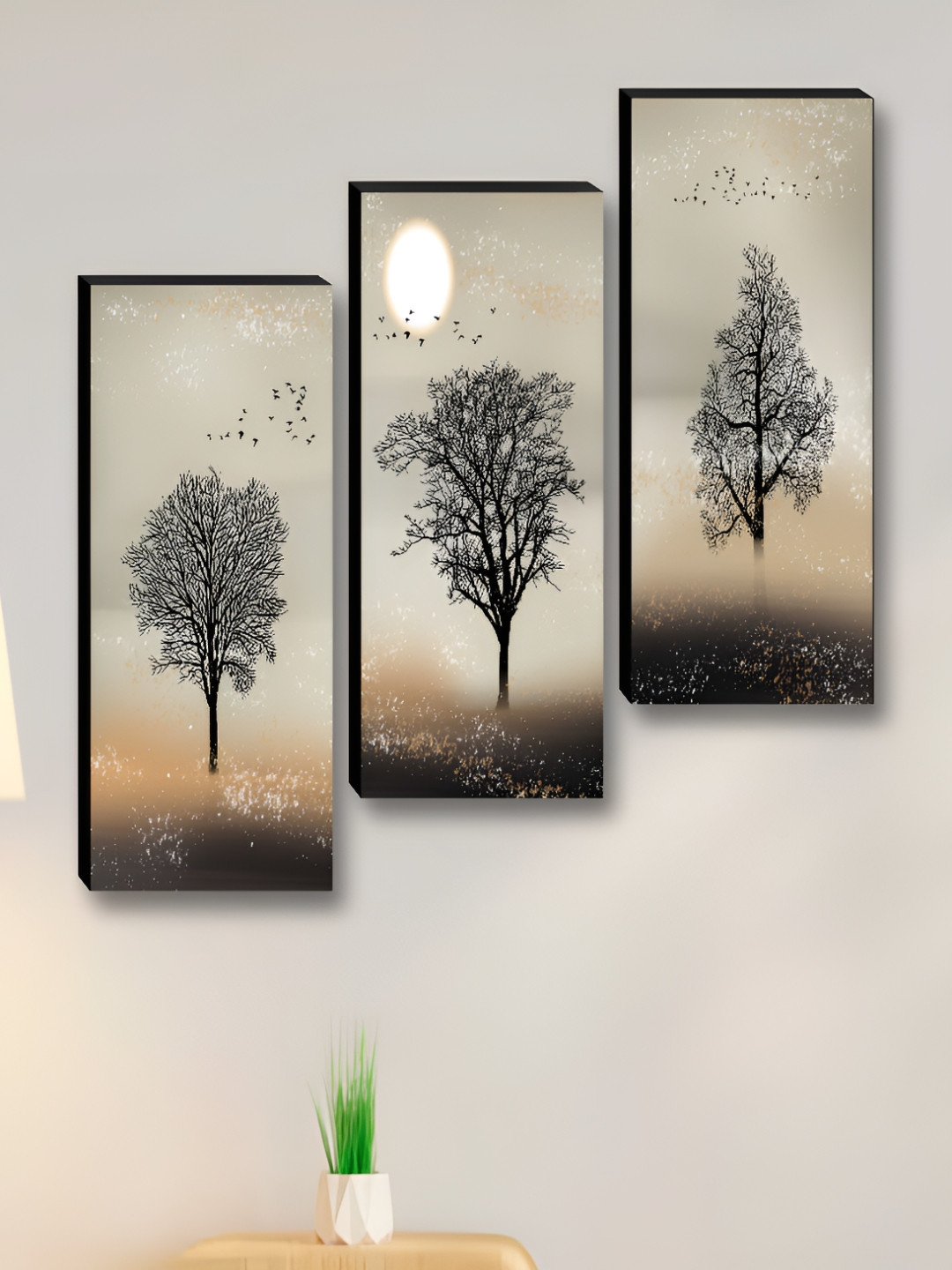 Aura Tree & Sun Wood 3 Piece Wall Rectangle Paintings Wall Art -15 x 6 In