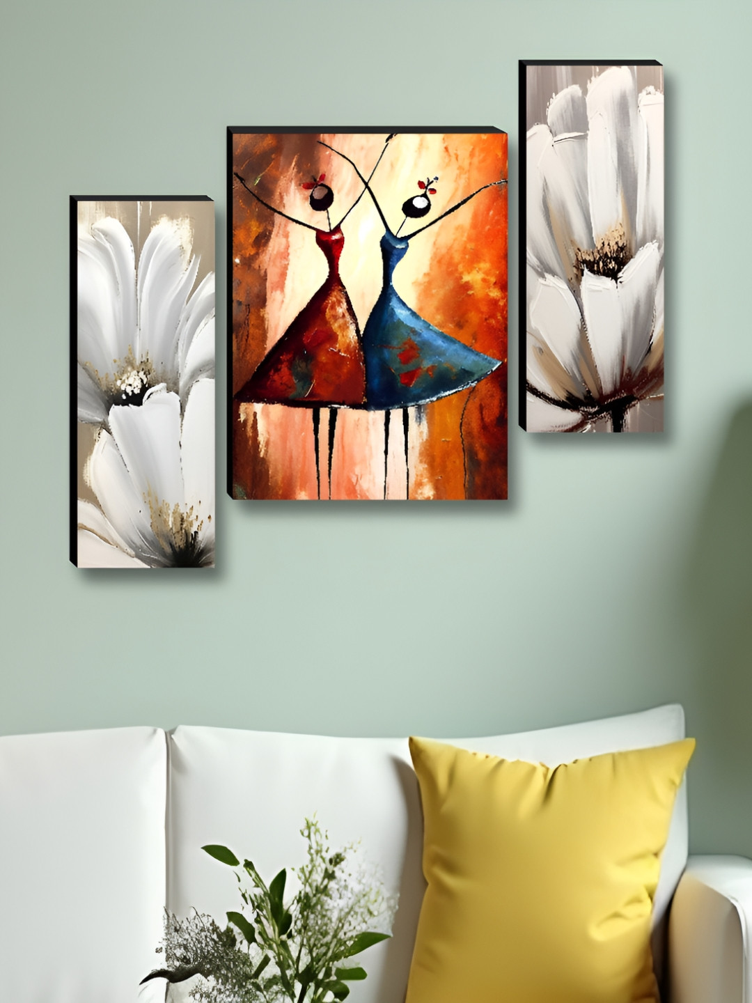 Aura Red & White 3 Pieces Wood Girls And Flowers Wall Paintings