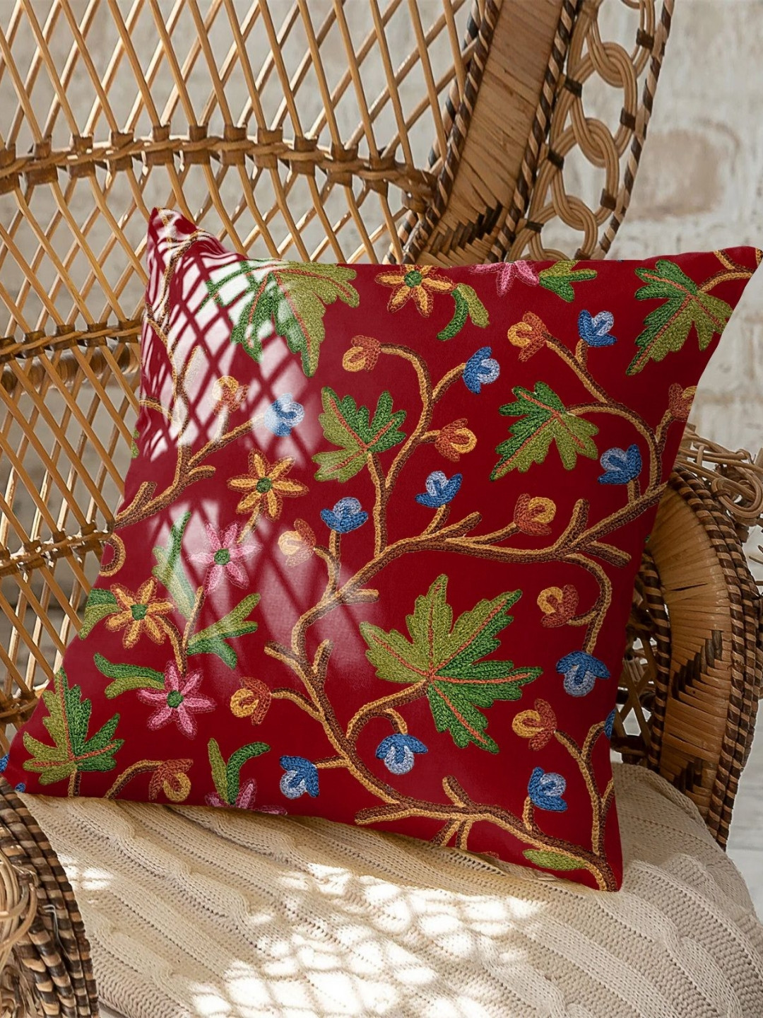 CASABLEU Varoski Kashmiri Floral Polyester 2 Pcs Embroidered Cushion Covers - 18 x 18 In