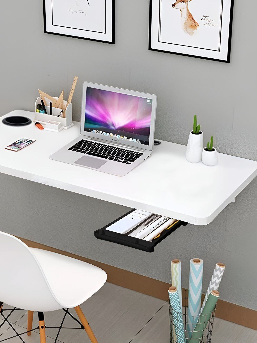Torche White Wall Wooden Mounted Foldable Study Table With Cup Holder & Drawer