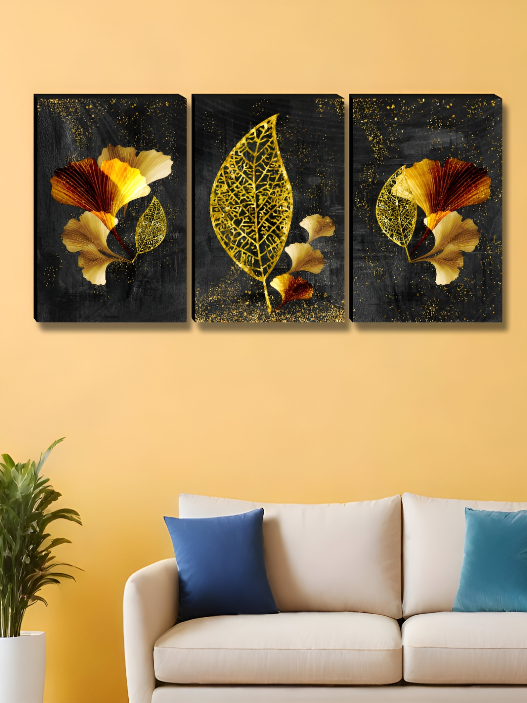 Aura Black & Yellow 3 Pieces Leafs Floral & Botanical Printed Wooden Wall Art