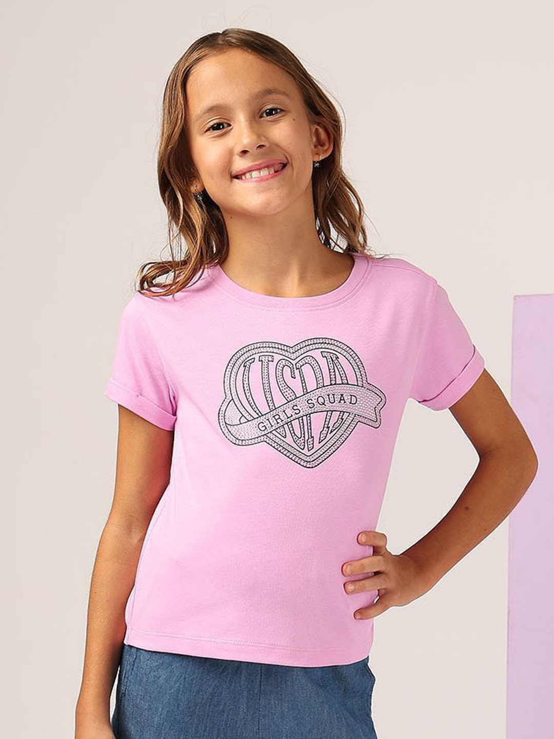 U.S. Polo Assn. Kids Girls Stud Detailed Relaxed Fit T-Shirt