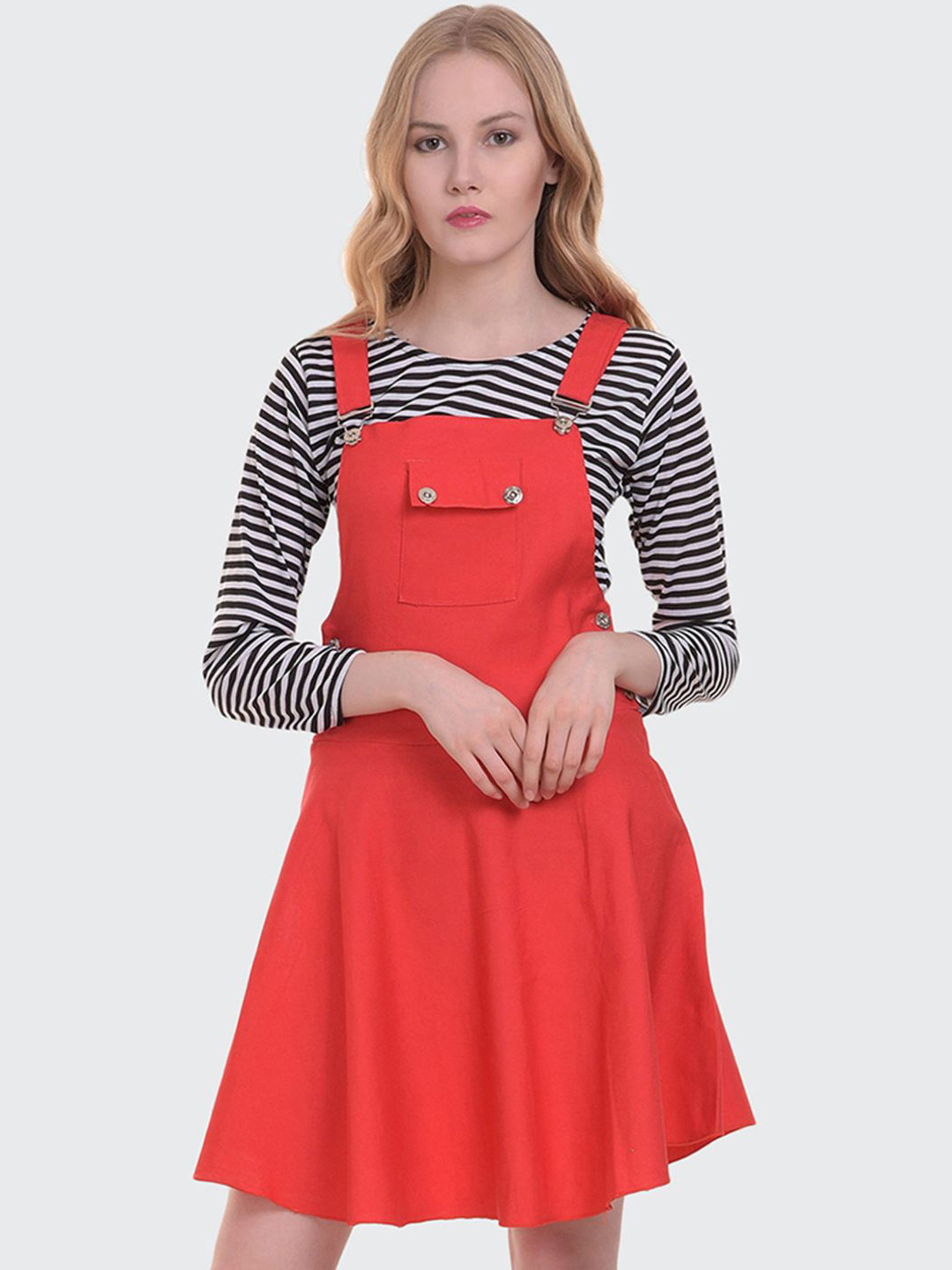 BUY NEW TREND Women Striped Dungaree Dress with Top