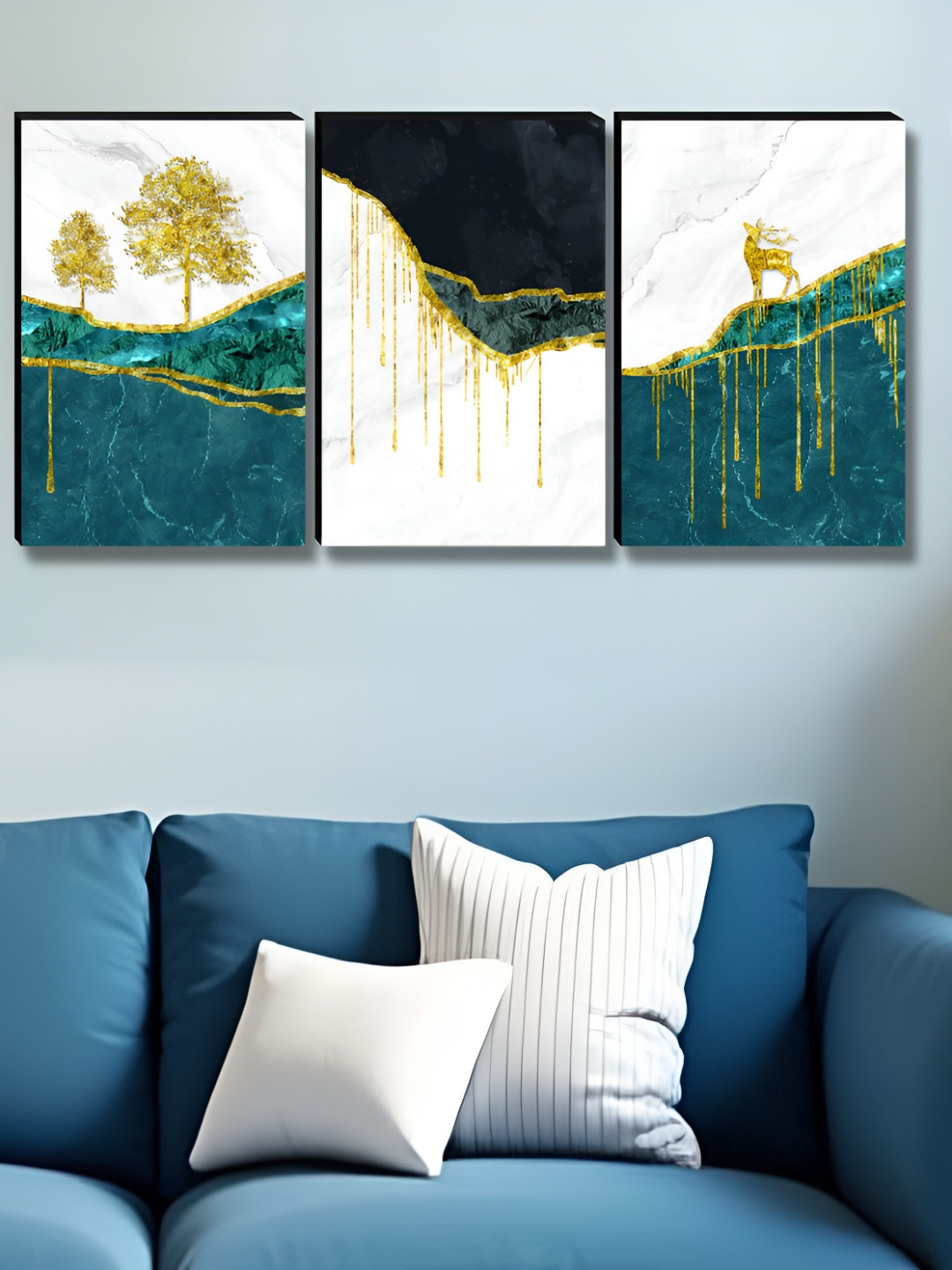 SAF White & Blue 3 Pieces Tree And Deer Printed Wooden Wall Art