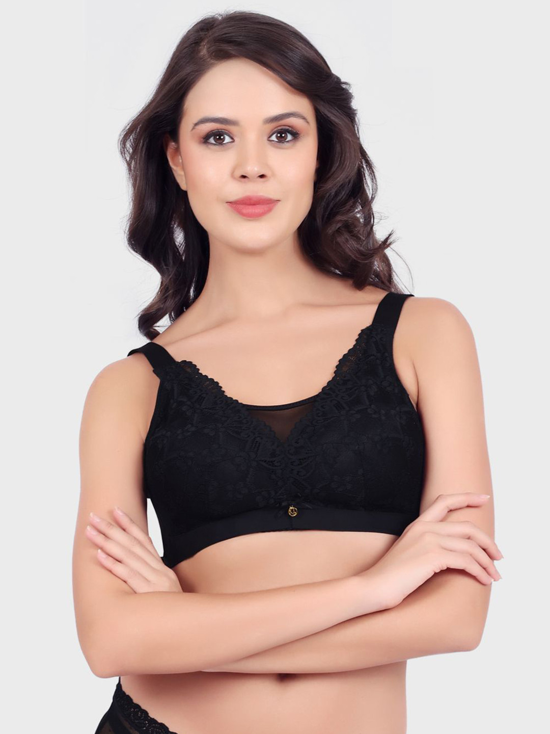 Luella Floral Pattern Lace Bra Wire Free Soft Foam Padded Wide Adjustable Straps Bra