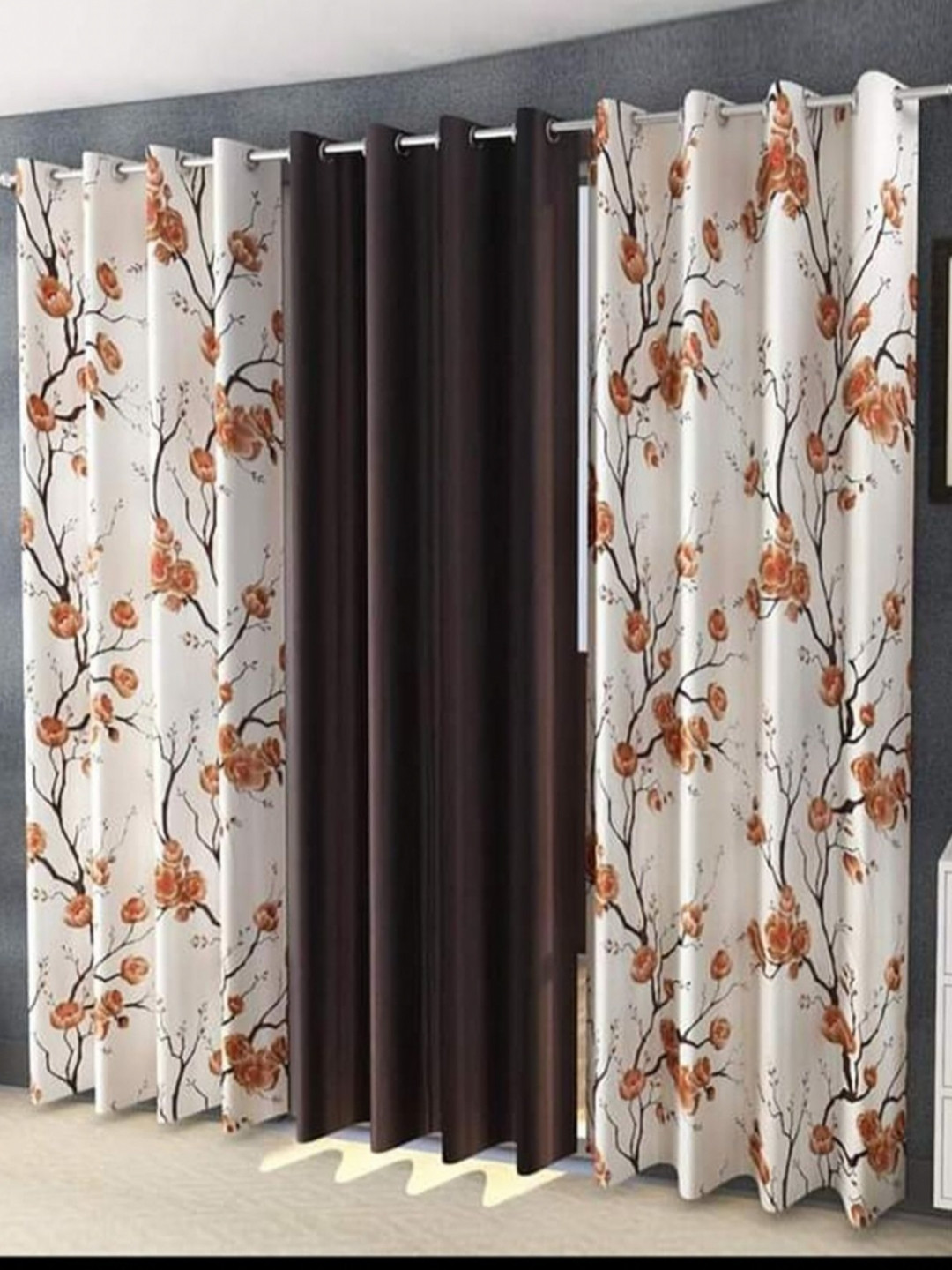 Galaxy Home Decor Brown 3 Pieces Floral Printed Window Curtain 5 Feet