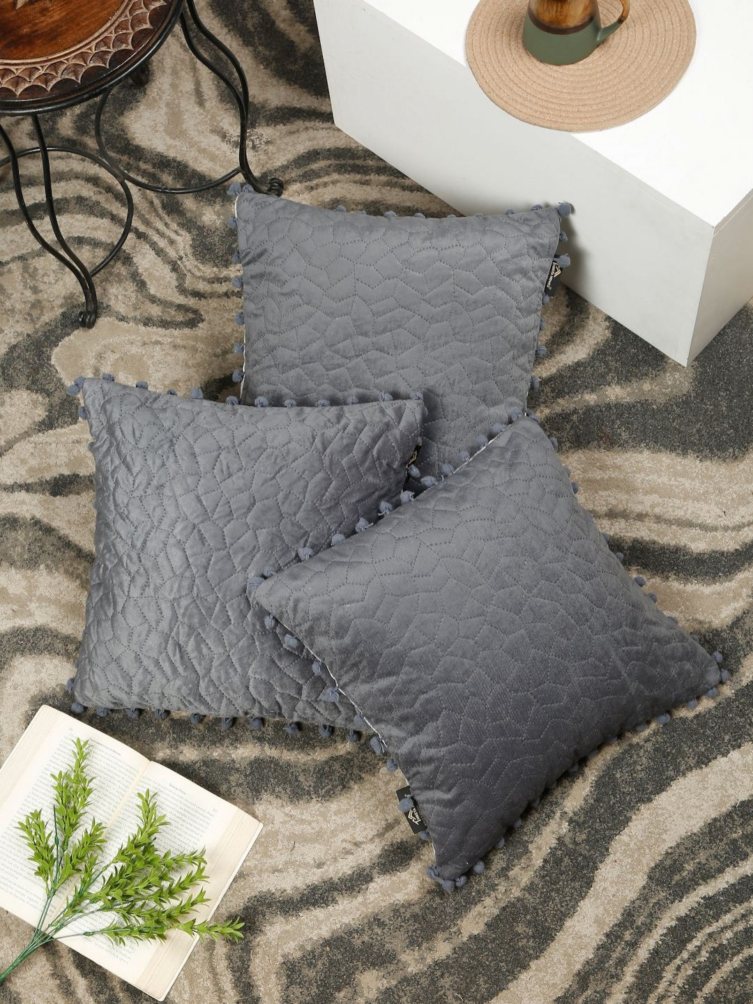 HOSTA HOMES Grey 3 Pieces Geometric Quilted Velvet Square Cushion Covers