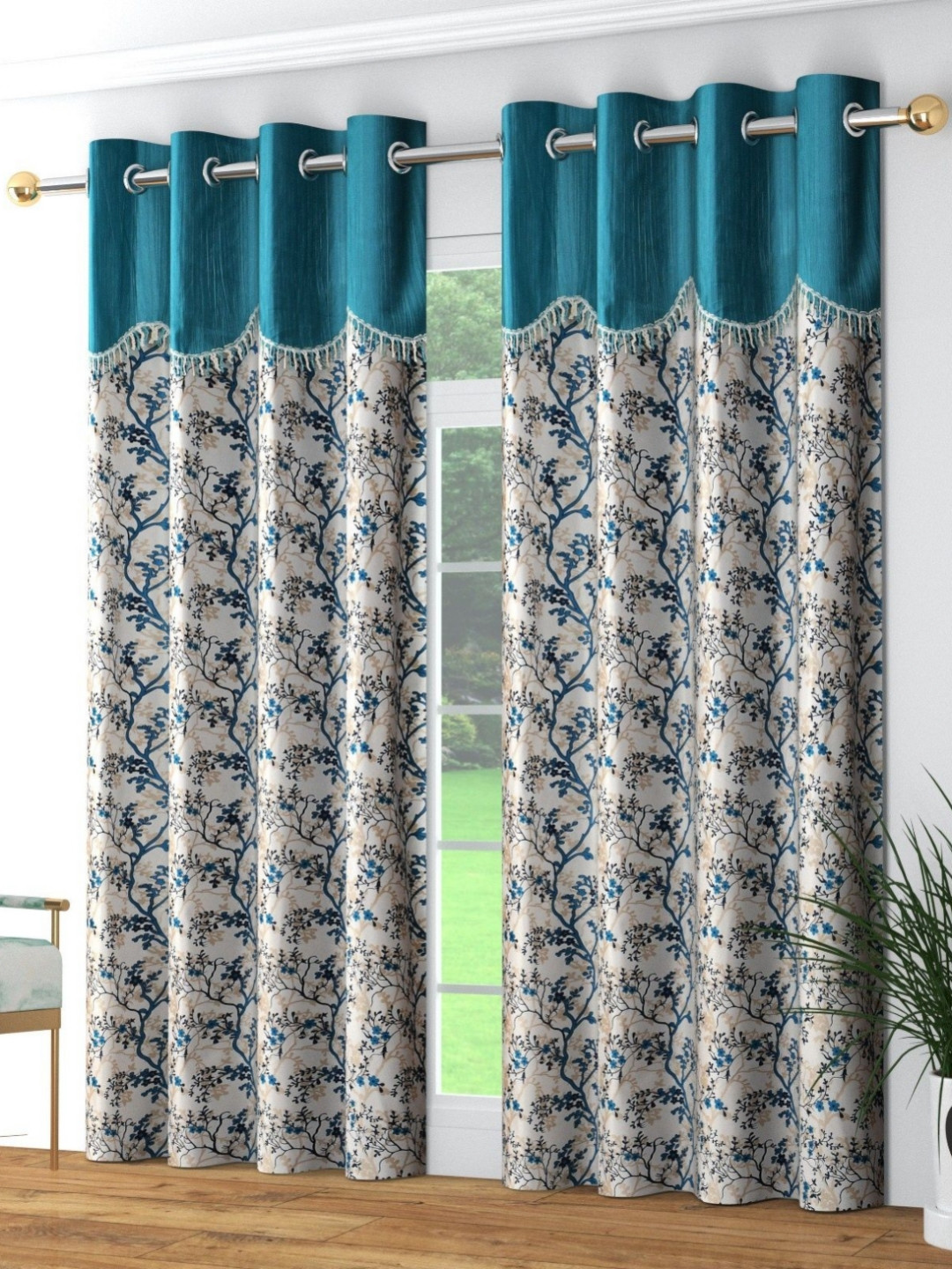 Galaxy Home Decor Blue 2 Pieces Floral Printed Long Door Curtain 9 Feet