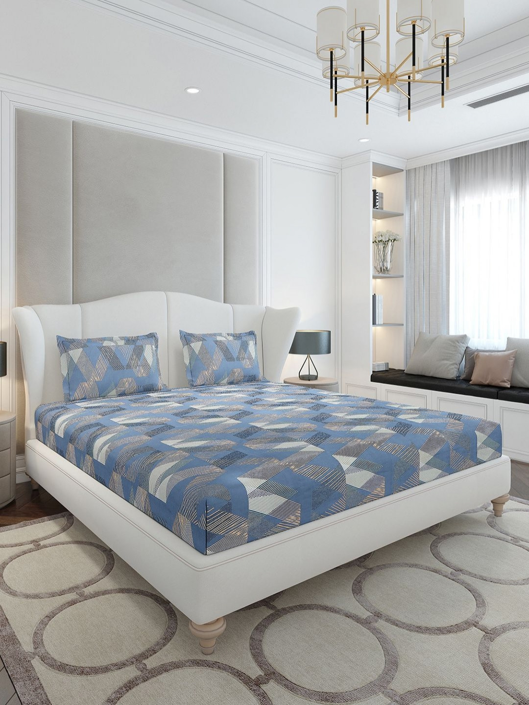 Monte Carlo Blue & Grey Geometric Printed 120 TC Queen Bedsheet Set 2.5 m x 2.3 m