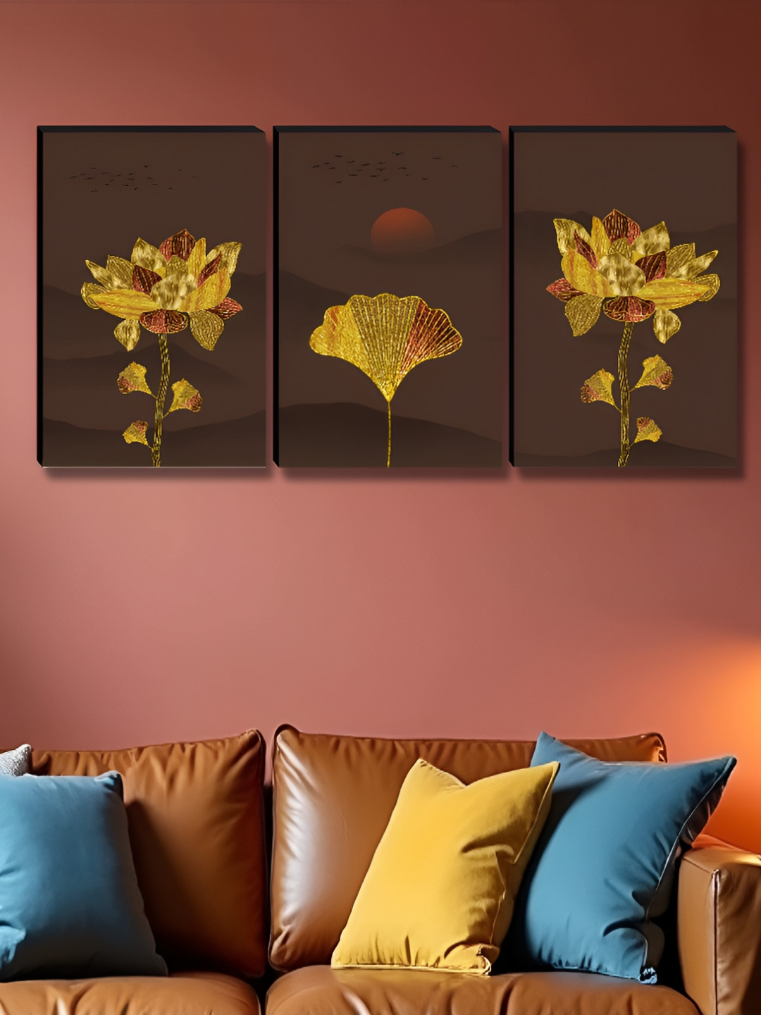 Aura Flowers Painting Wood 3 Pcs Wall Rectangle Paintings Wall Art - 12x36In