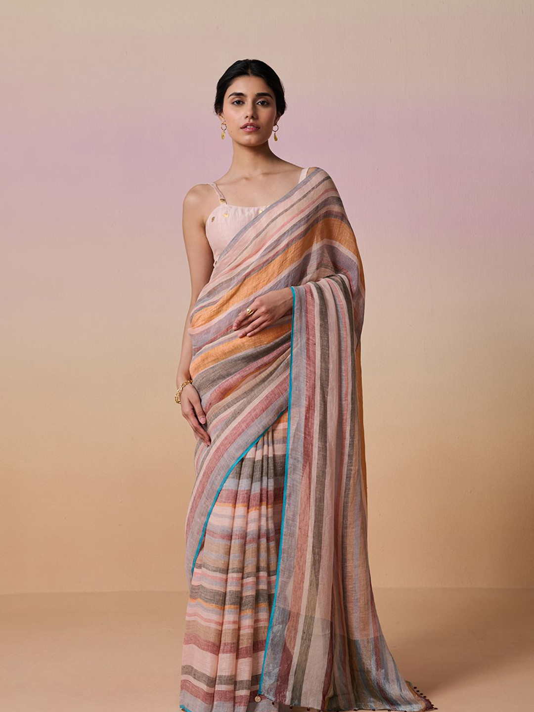 Dressfolk Handloom Linen Multi Color Blue Orange Rust Saree with blouse piece